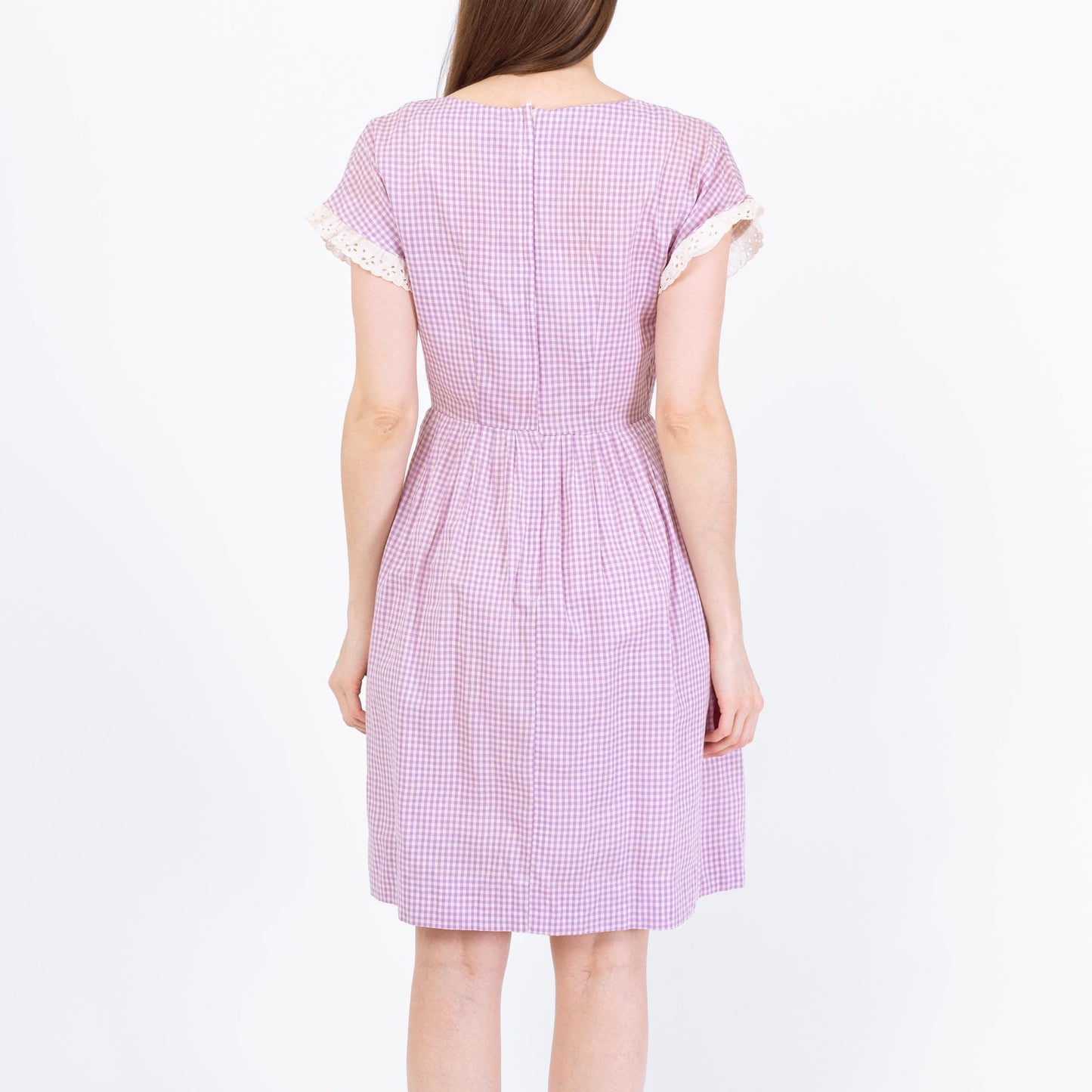 Vintage 50s 60s Purple Gingham Fit & Flare Day Dress - Small | Retro Checkered Lace Trim Dress