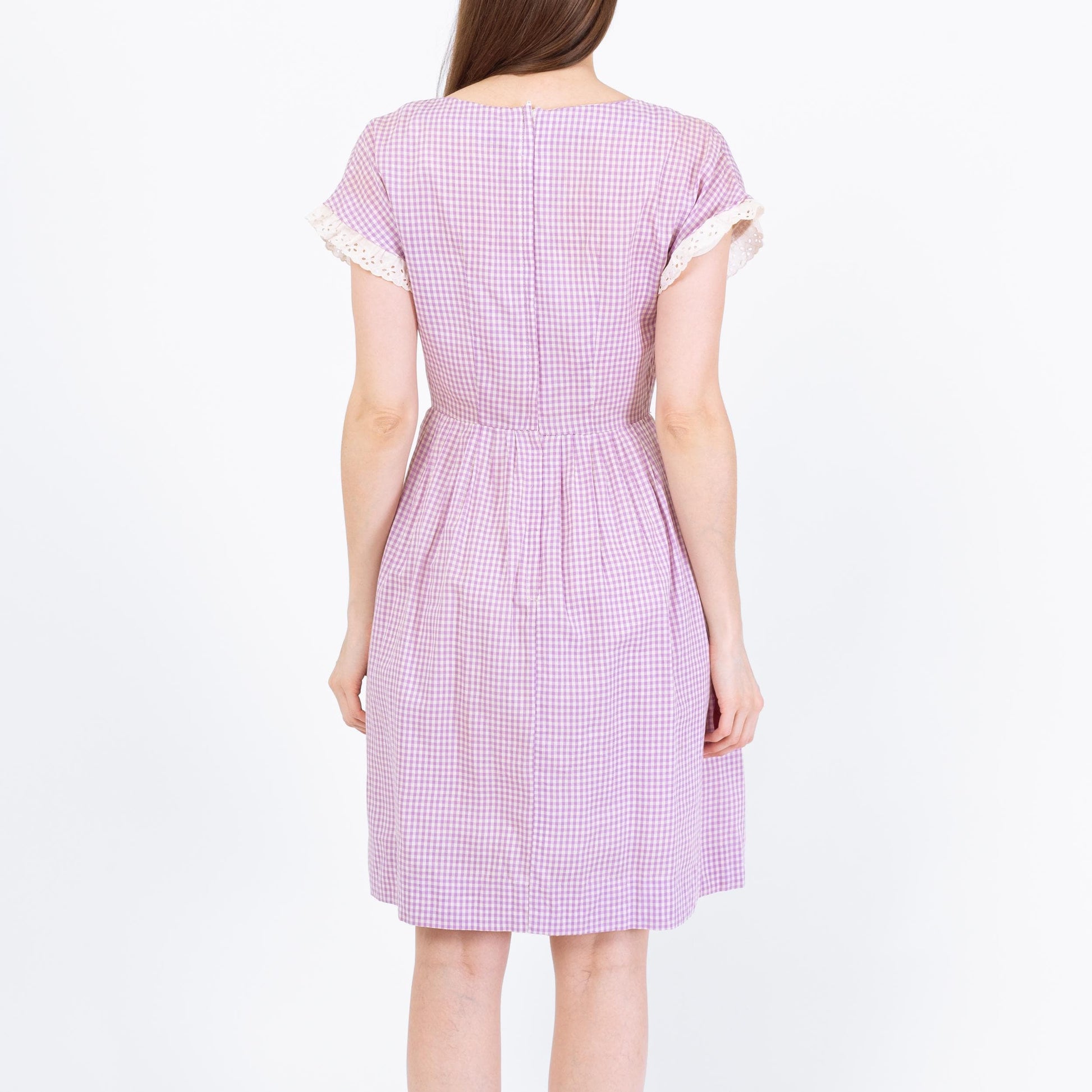 Vintage 50s 60s Purple Gingham Fit & Flare Day Dress - Small | Retro Checkered Lace Trim Dress