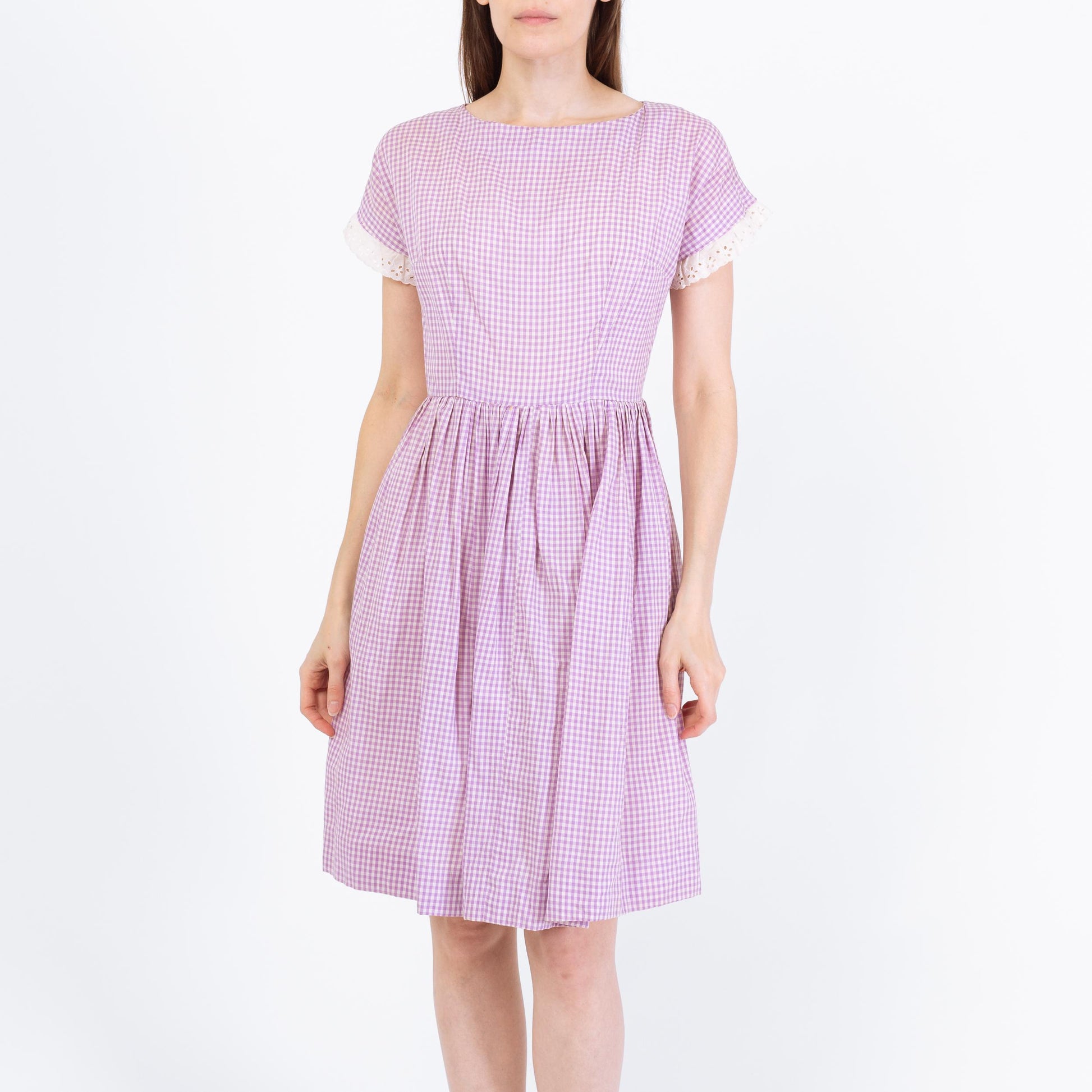 Vintage 50s 60s Purple Gingham Fit & Flare Day Dress - Small | Retro Checkered Lace Trim Dress
