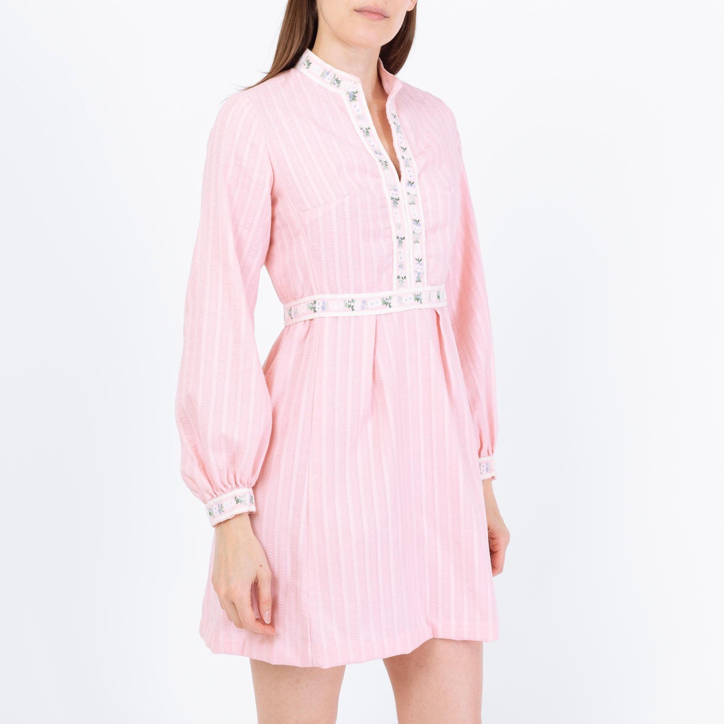 Vintage 60s Pink Floral Trim Babydoll Mini Dress - Small | Retro Long Sleeve A Line Dress