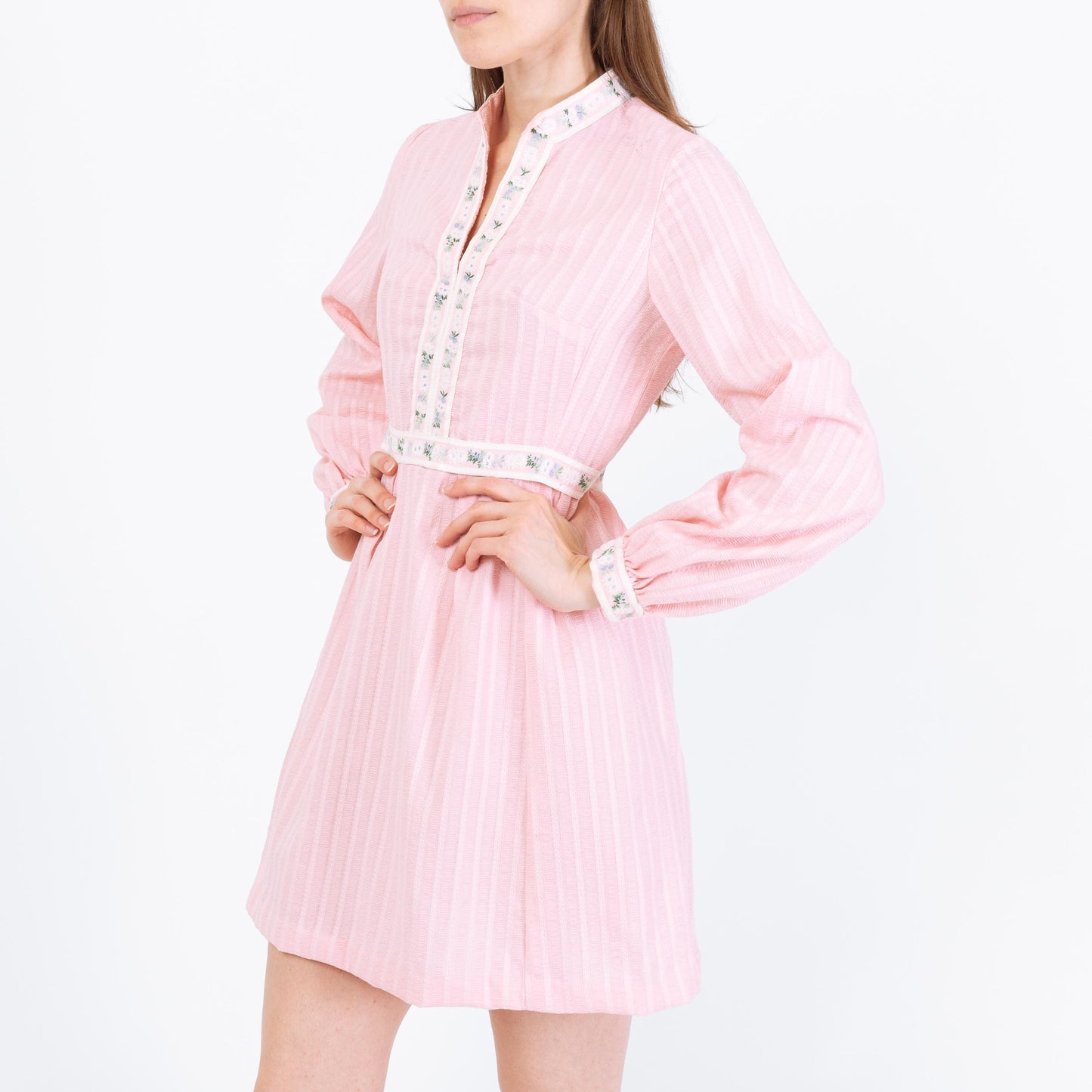 Vintage 60s Pink Floral Trim Babydoll Mini Dress - Small | Retro Long Sleeve A Line Dress