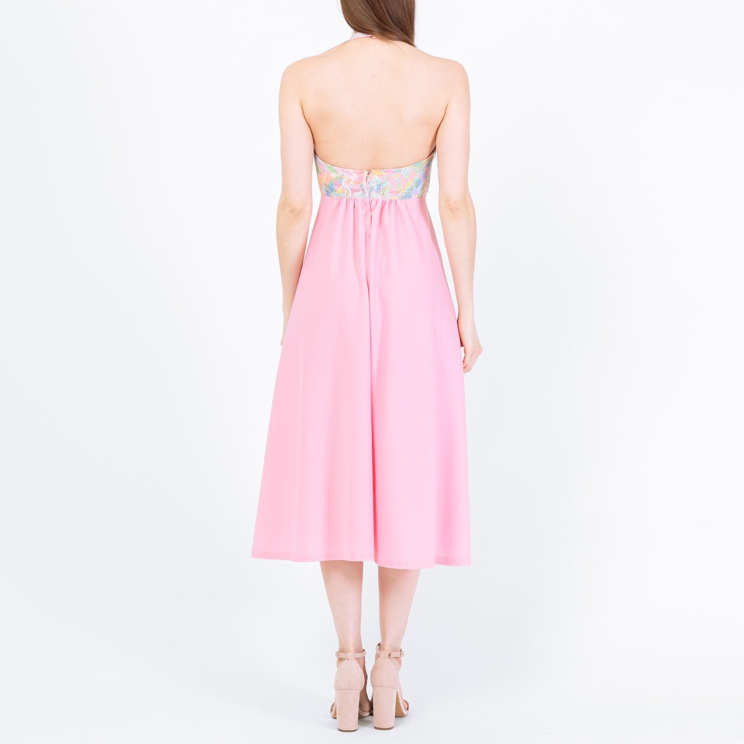 Vintage 70s Pink Floral Lace Halter Dress - Extra Small | Boho Midi Disco Sundress