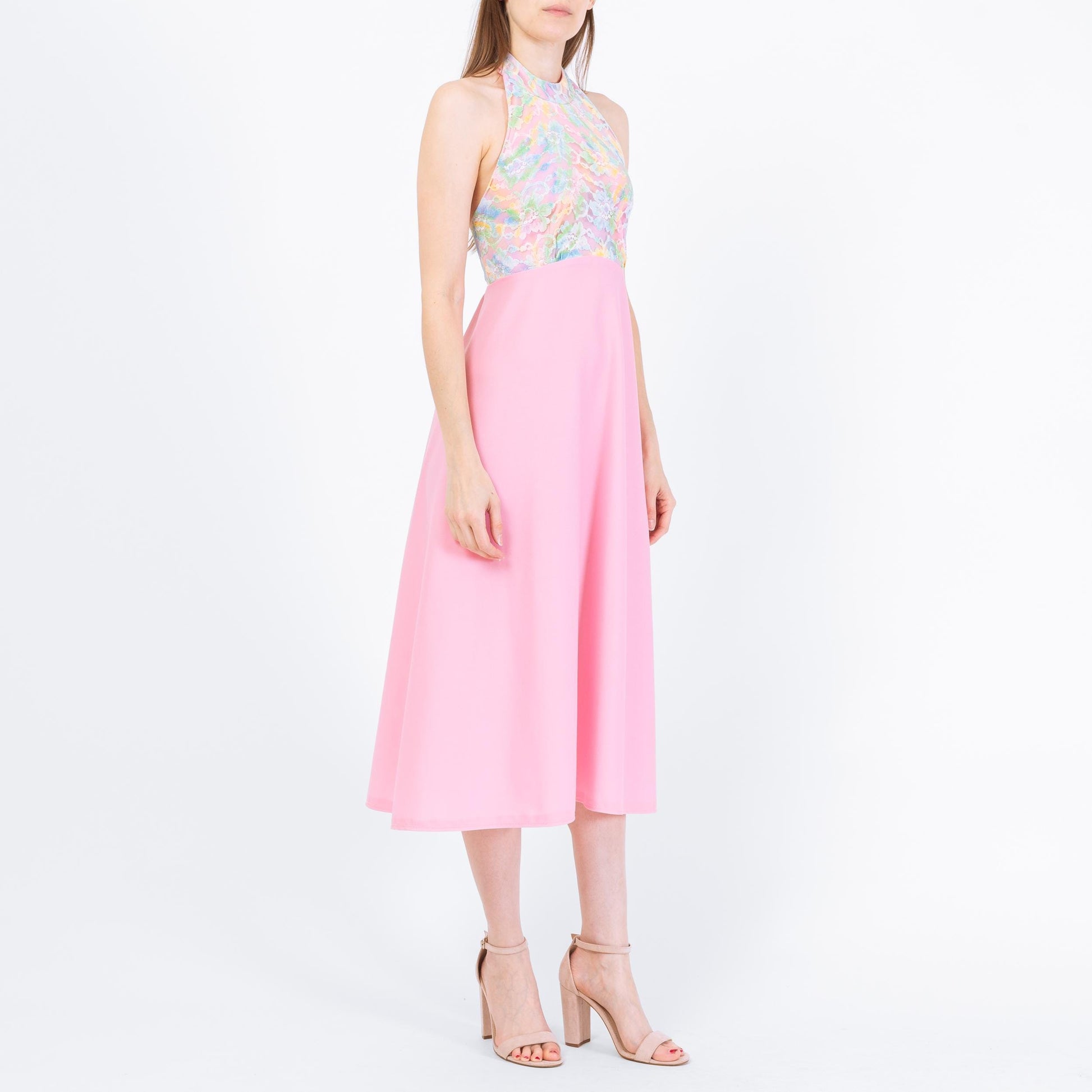 Vintage 70s Pink Floral Lace Halter Dress - Extra Small | Boho Midi Disco Sundress