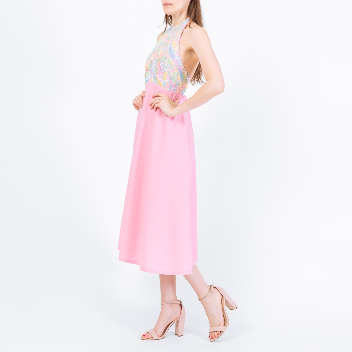 Vintage 70s Pink Floral Lace Halter Dress - Extra Small | Boho Midi Disco Sundress