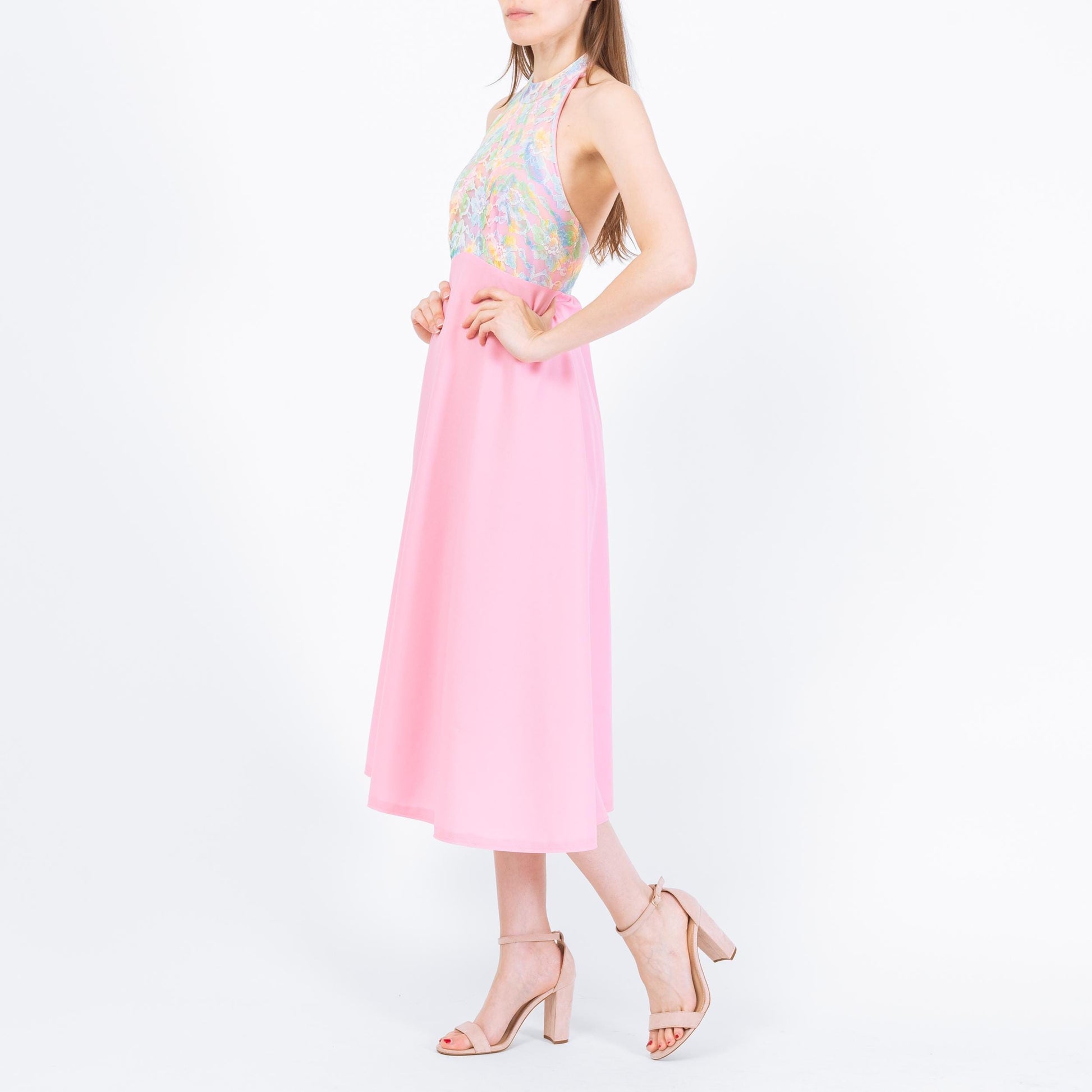 Vintage 70s Pink Floral Lace Halter Dress - Extra Small | Boho Midi Disco Sundress