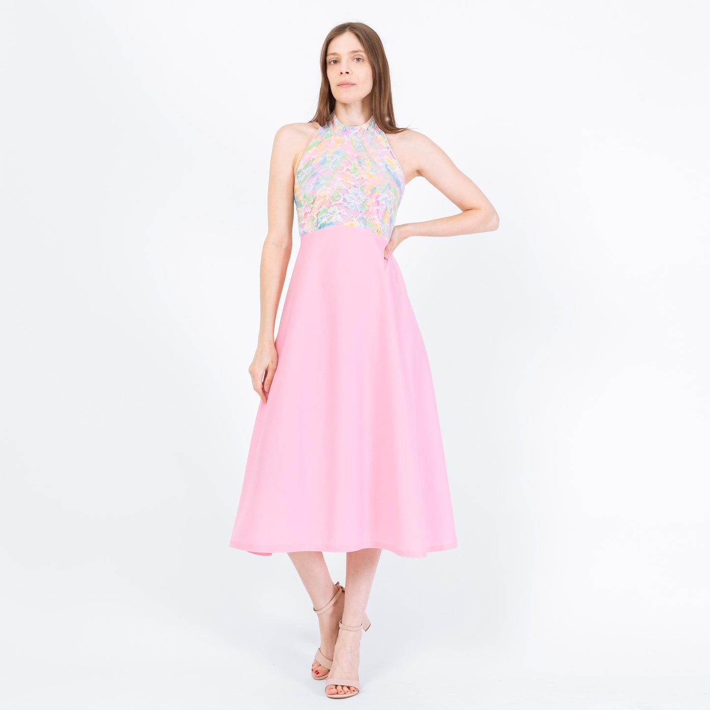 Vintage 70s Pink Floral Lace Halter Dress - Extra Small | Boho Midi Disco Sundress