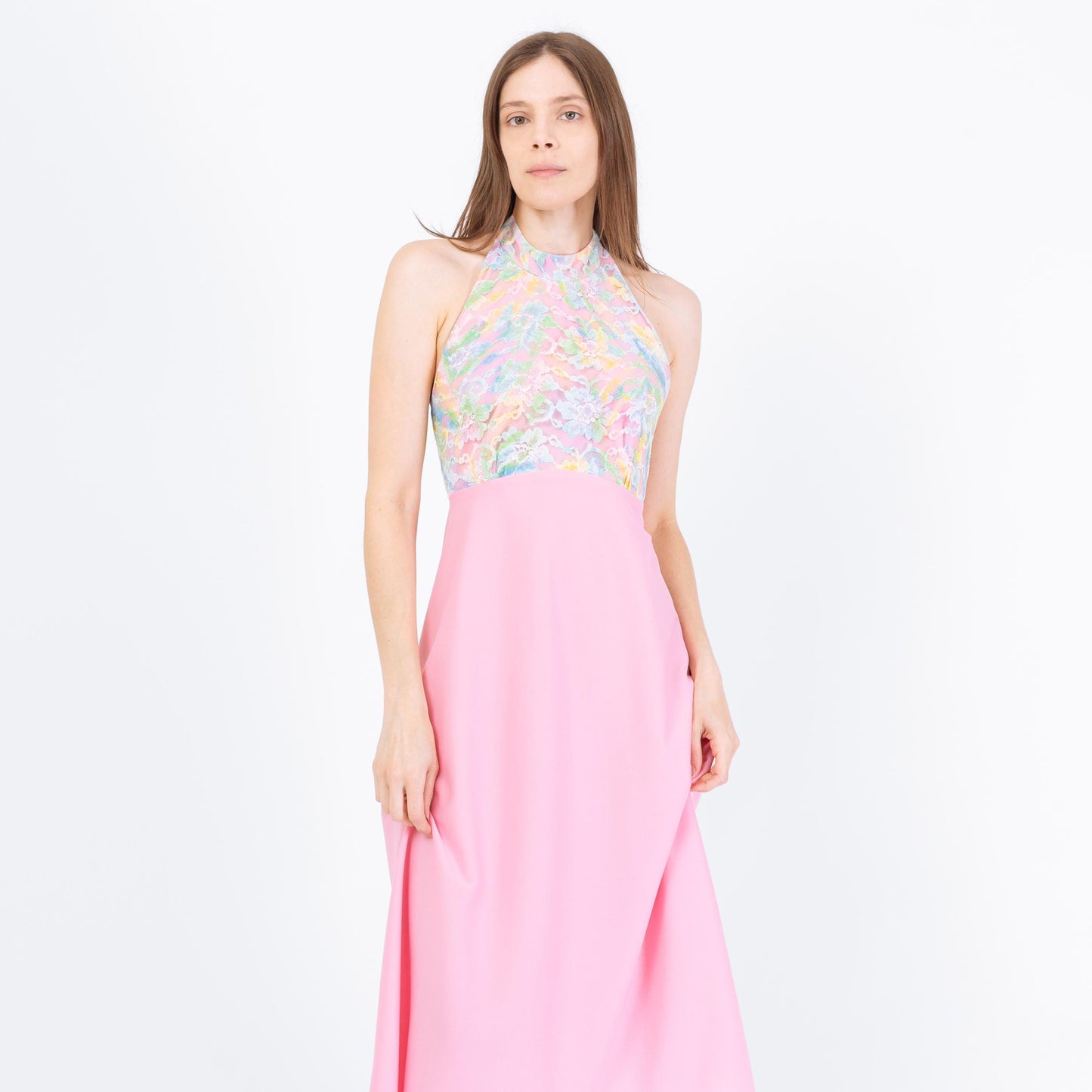 Vintage 70s Pink Floral Lace Halter Dress - Extra Small | Boho Midi Disco Sundress