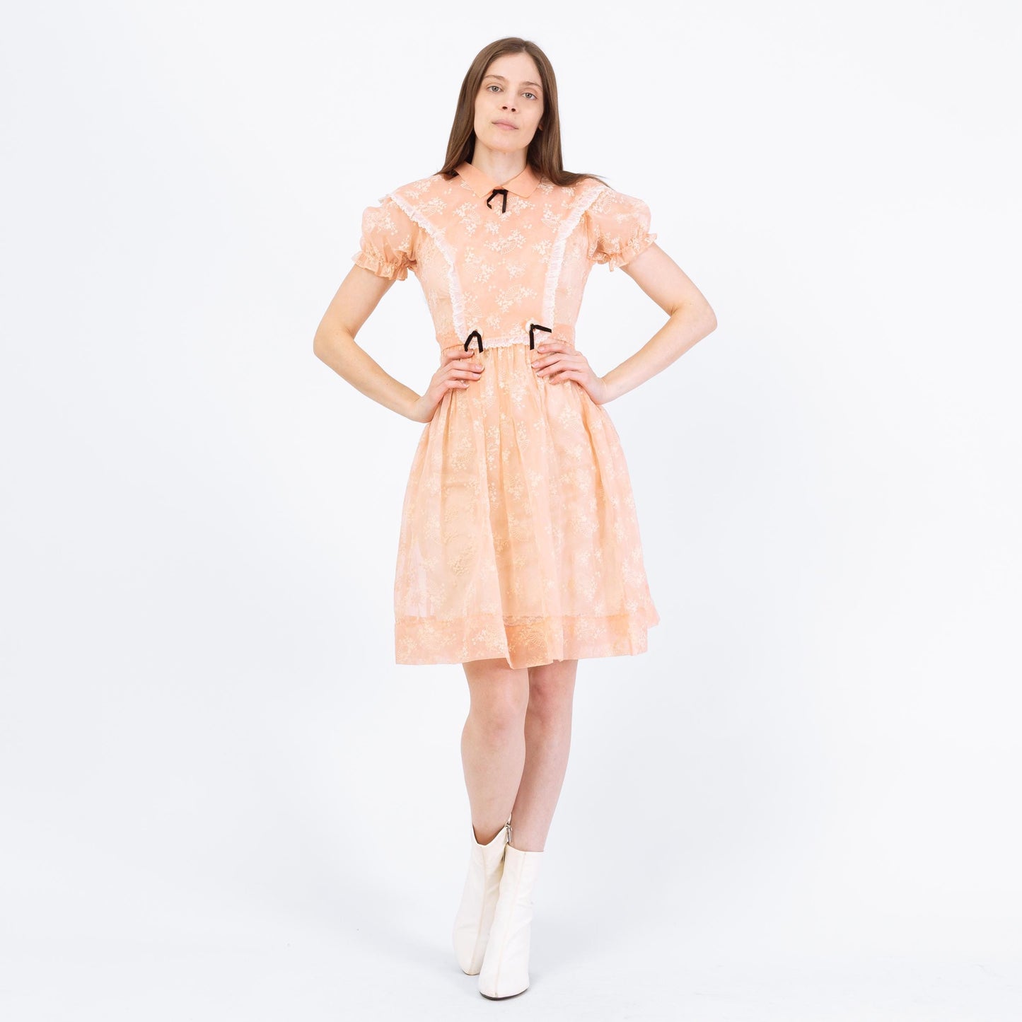 Vintage 80s Sheer Peach Organza Babydoll Dress - Extra Small | Puff Sleeve Fit Flare Party Dress