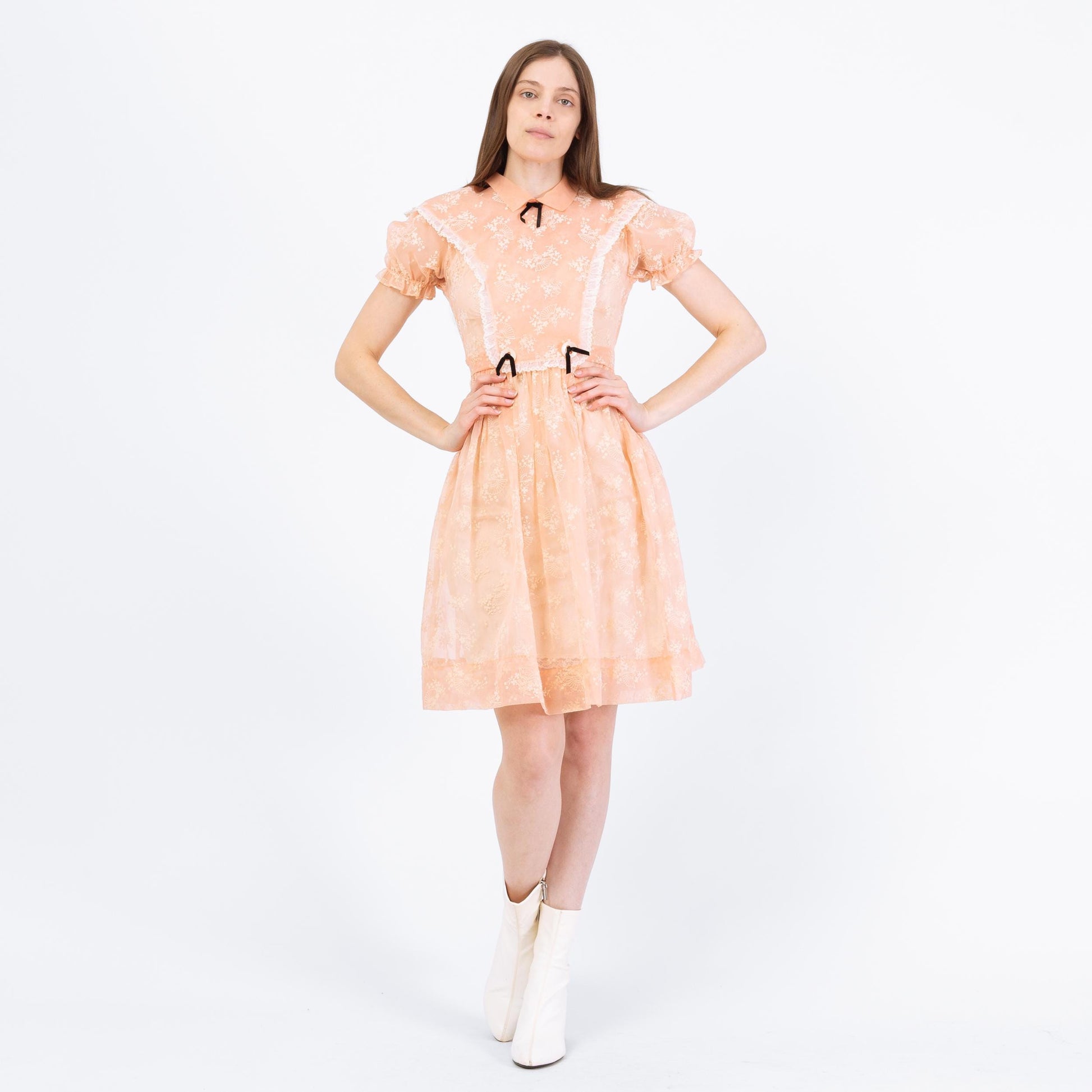 Vintage 80s Sheer Peach Organza Babydoll Dress - Extra Small | Puff Sleeve Fit Flare Party Dress