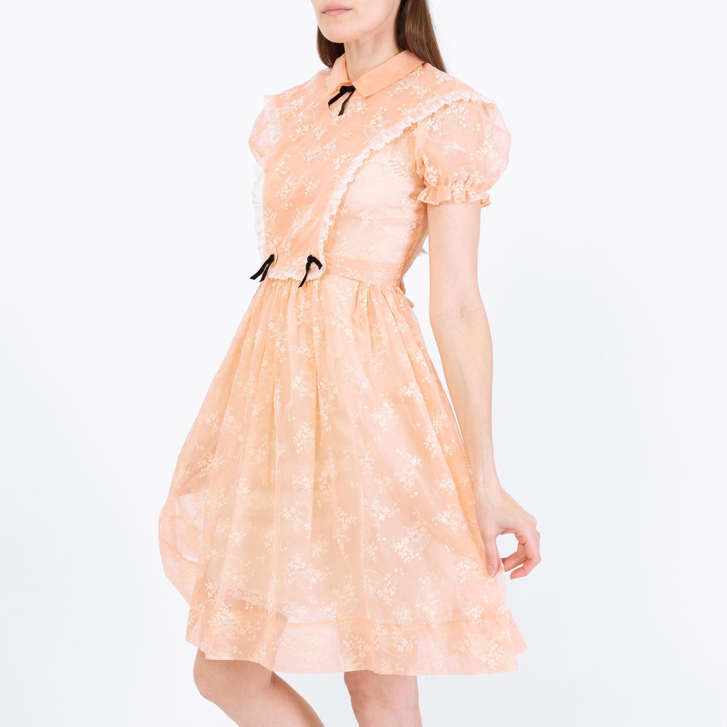 Vintage 80s Sheer Peach Organza Babydoll Dress - Extra Small | Puff Sleeve Fit Flare Party Dress