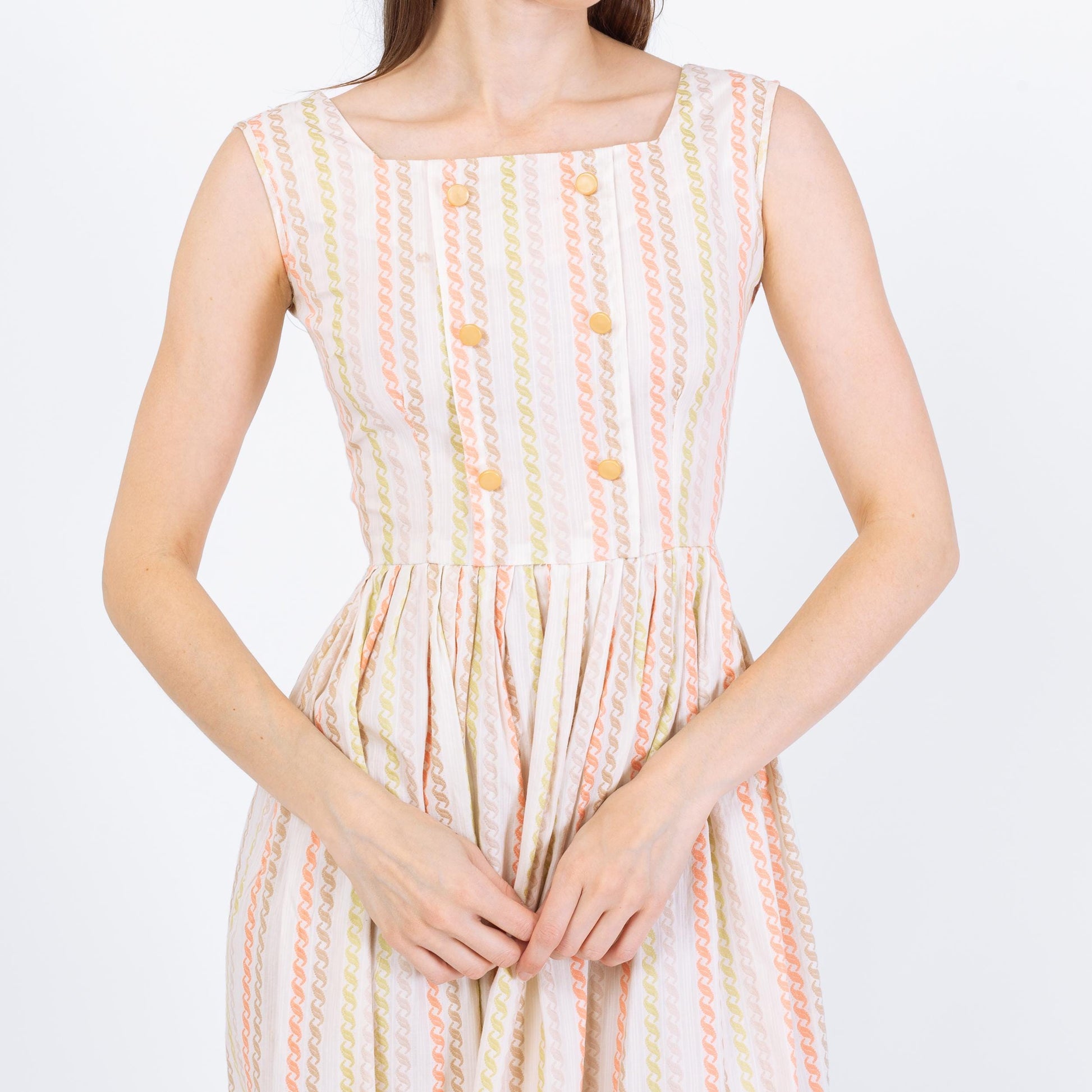 Vintage 60s White Embroidered Stripe Day Dress - XXS | Retro Sleeveless Fit & Flare Mini