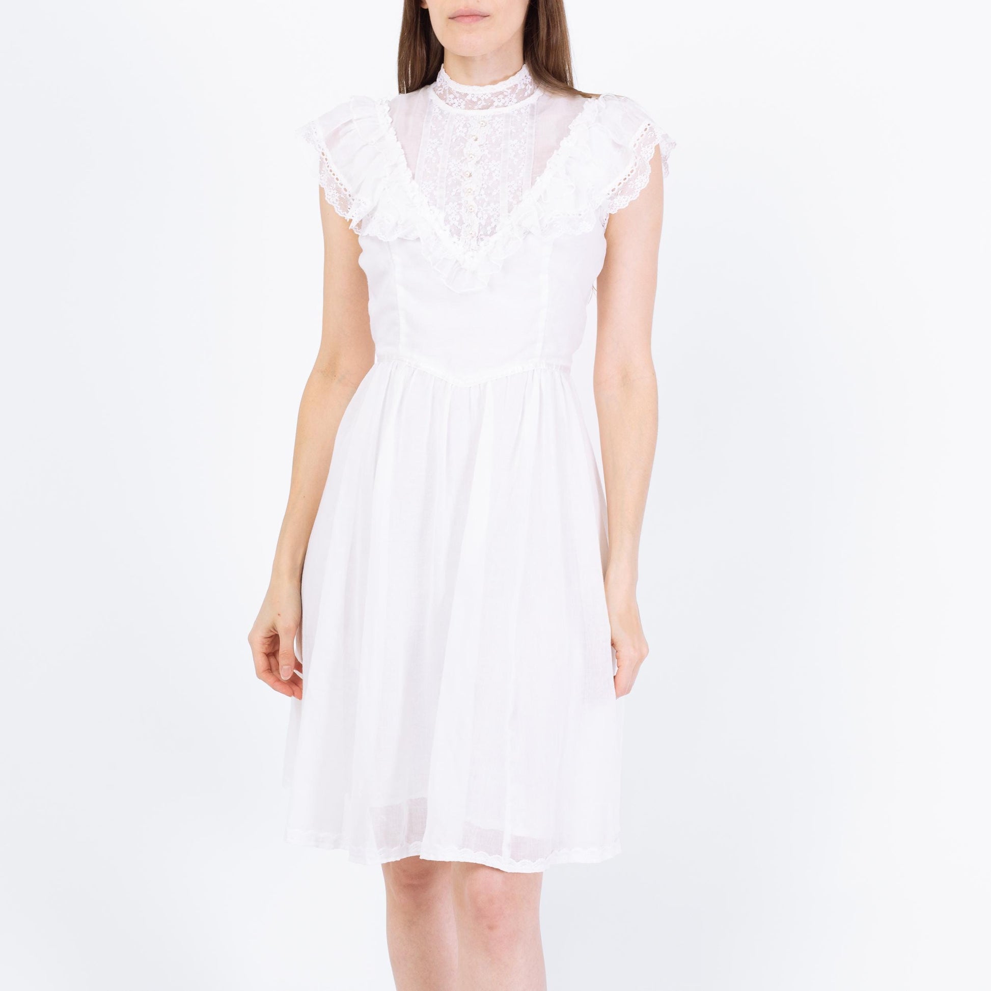 Vintage 70s Gunne Sax White Prairie Mini Dress - Extra Small | Boho Lace Trim Sundress
