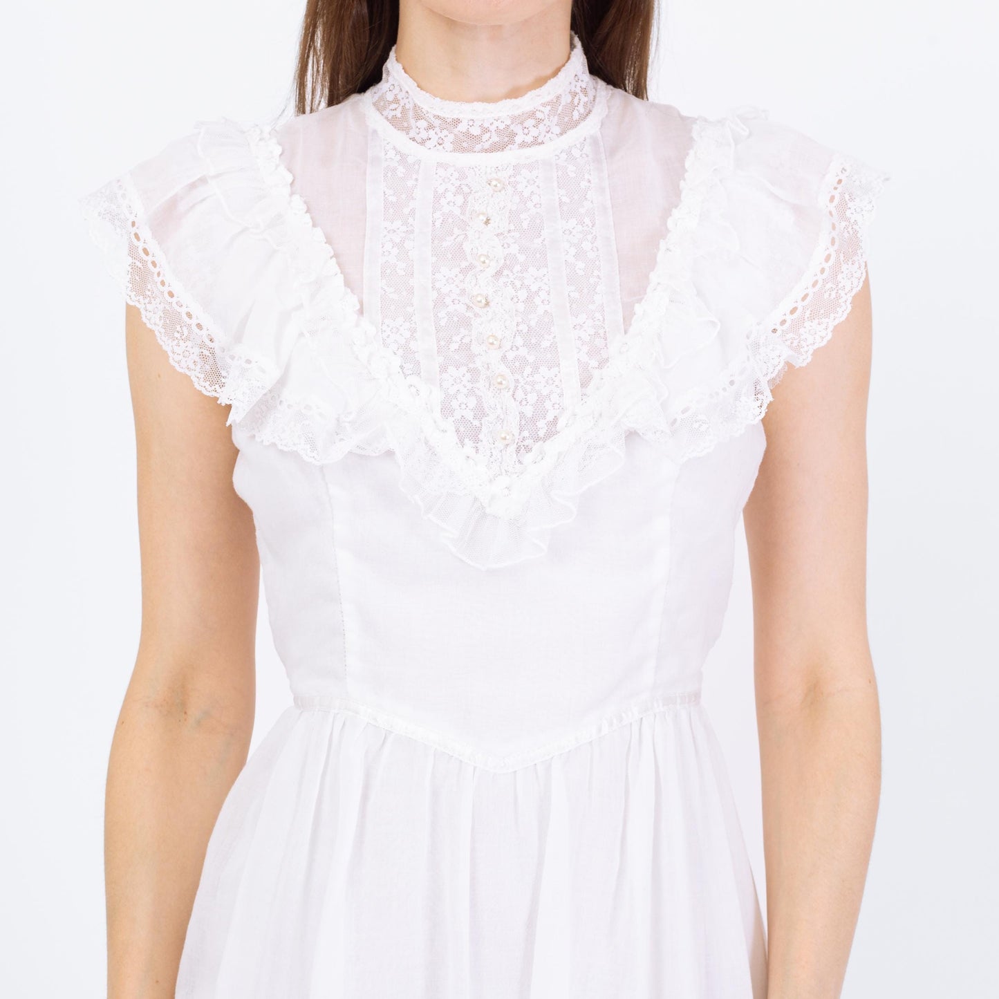Vintage 70s Gunne Sax White Prairie Mini Dress - Extra Small | Boho Lace Trim Sundress