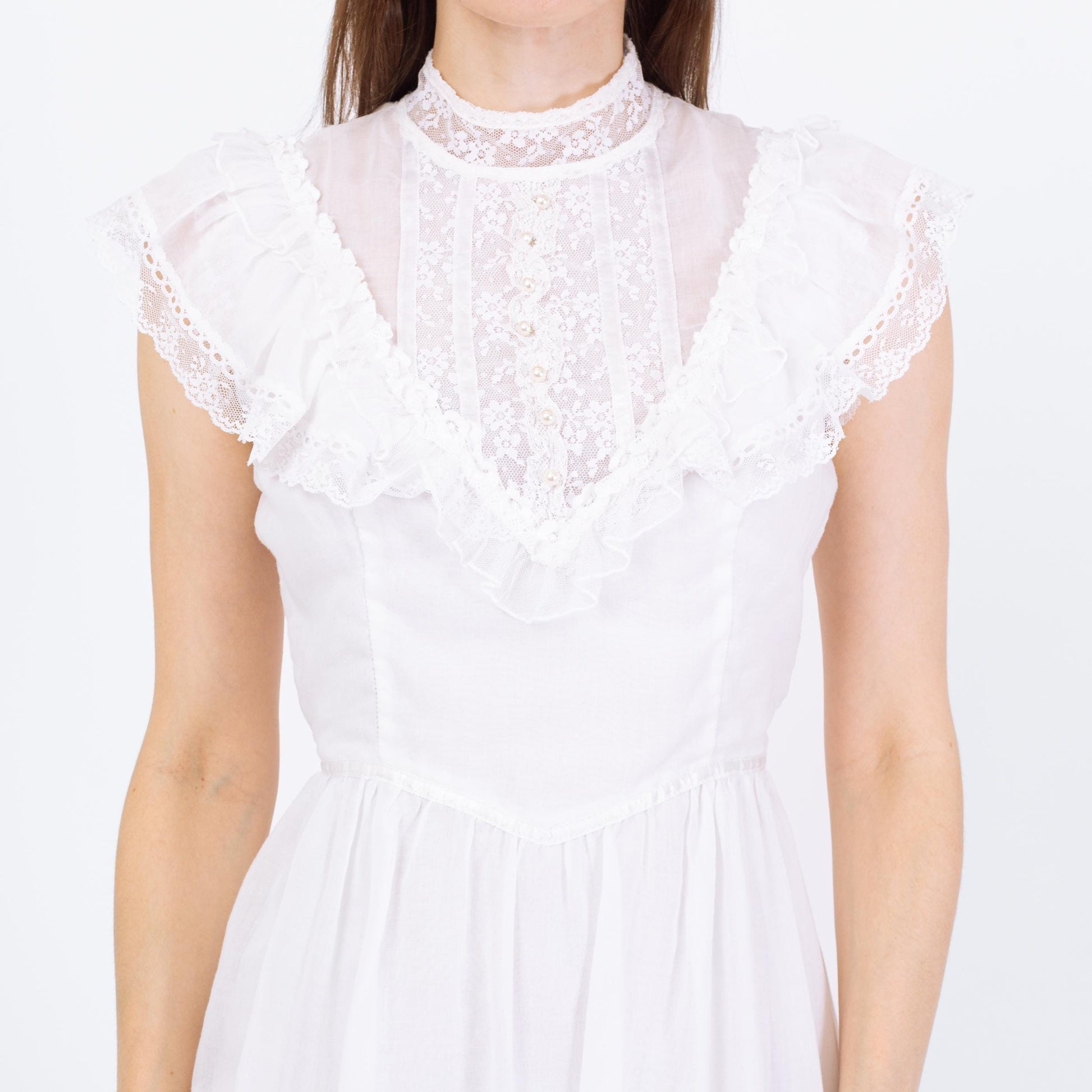 Vintage 70s Gunne Sax White Prairie Mini Dress - Extra Small | Boho Lace Trim Sundress