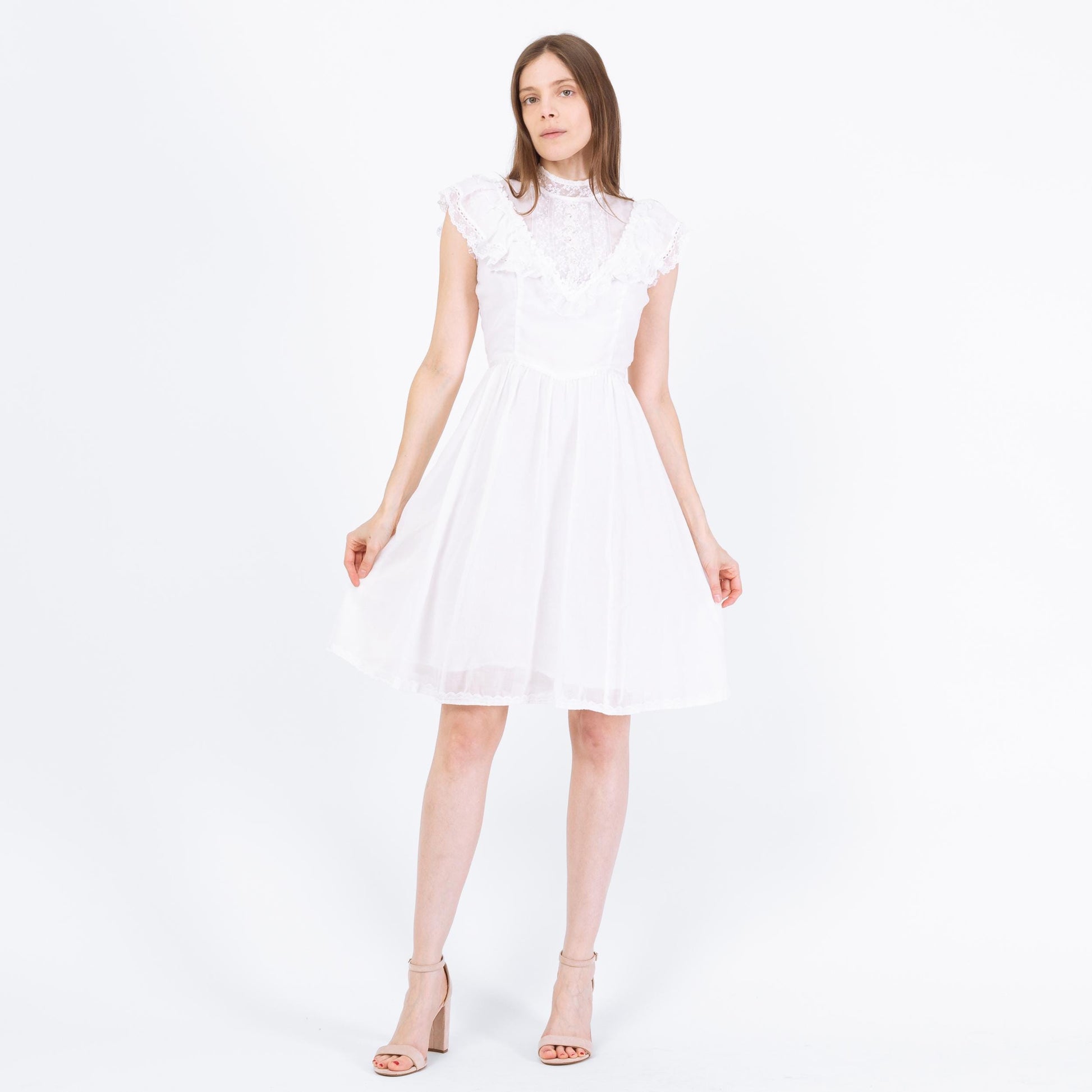Vintage 70s Gunne Sax White Prairie Mini Dress - Extra Small | Boho Lace Trim Sundress