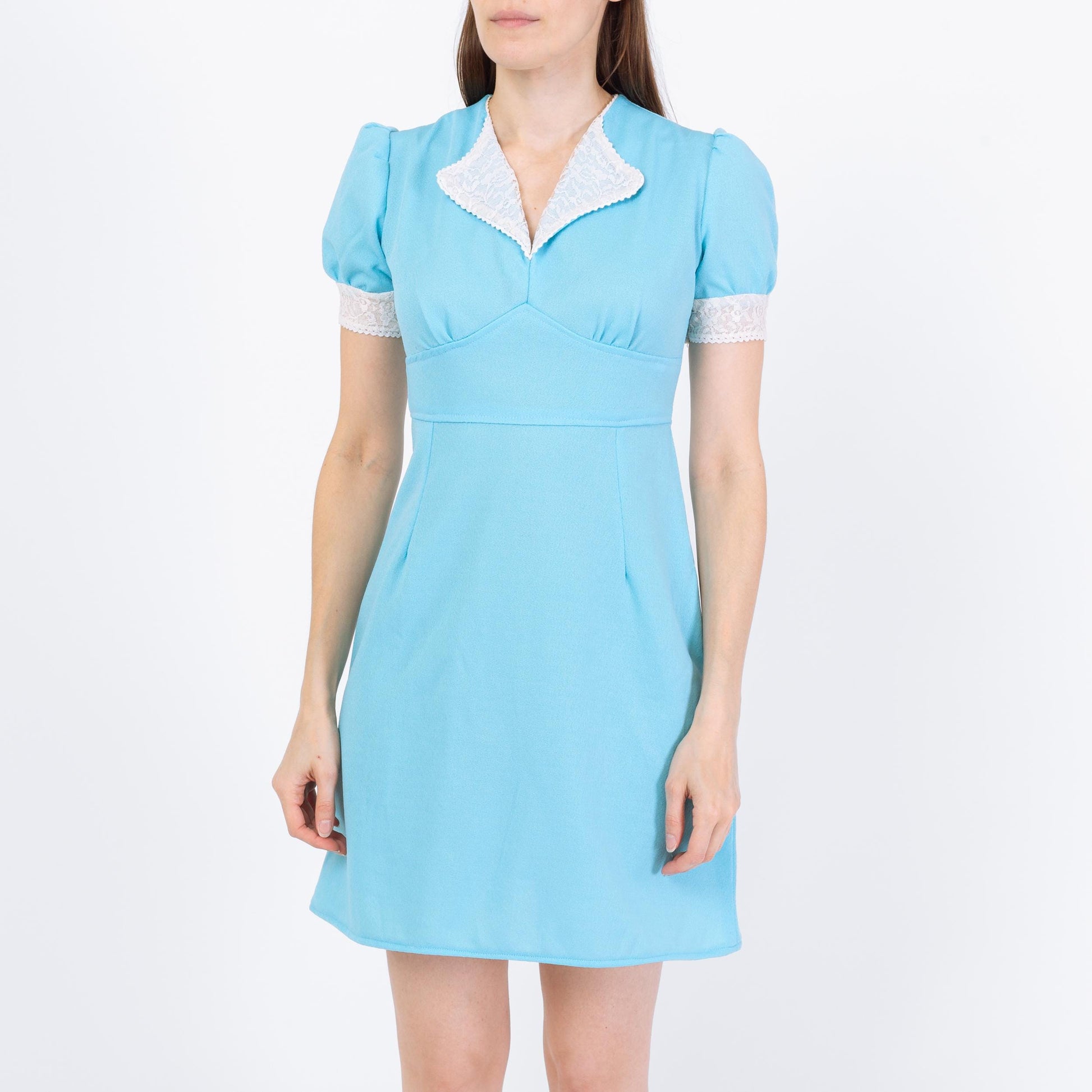 Vintage 60s Sky Blue Babydoll Mini Dress - Extra Small | Puff Sleeve Lace Trim Prairie Dress