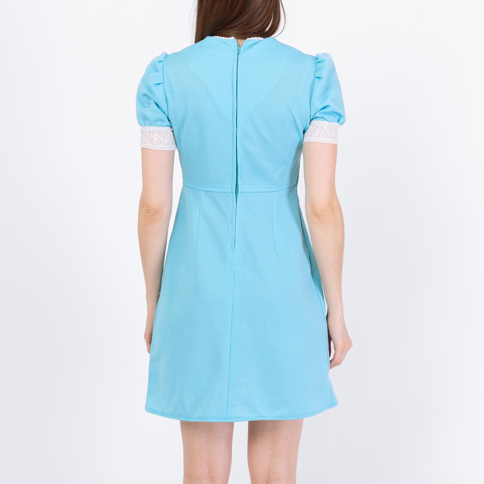 Vintage 60s Sky Blue Babydoll Mini Dress - Extra Small | Puff Sleeve Lace Trim Prairie Dress