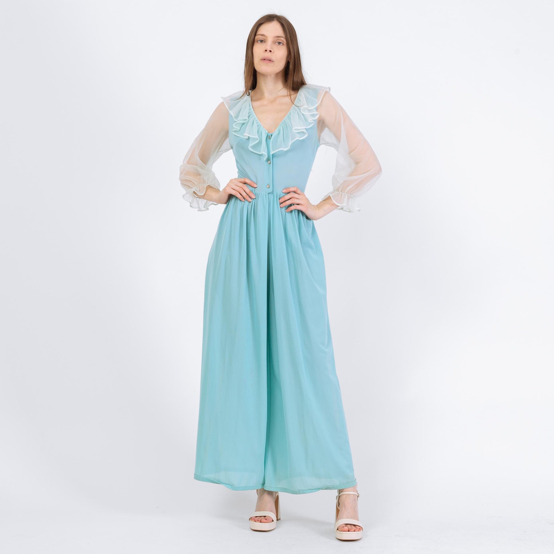 Vintage 70s Blue Sheer Sleeve Lingerie Jumpsuit - Small | Retro Loungewear Pajama One Piece Outfit