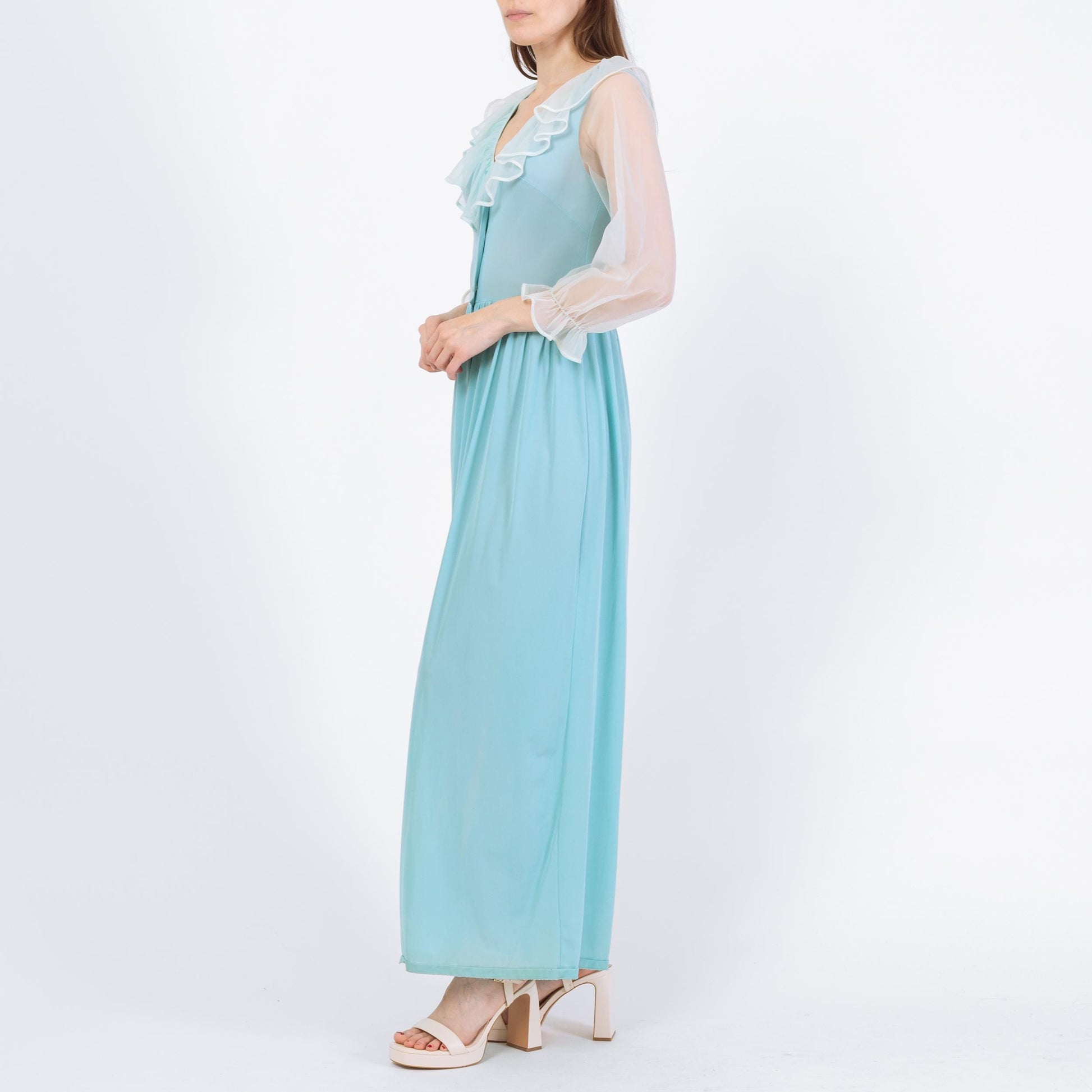 Vintage 70s Blue Sheer Sleeve Lingerie Jumpsuit - Small | Retro Loungewear Pajama One Piece Outfit