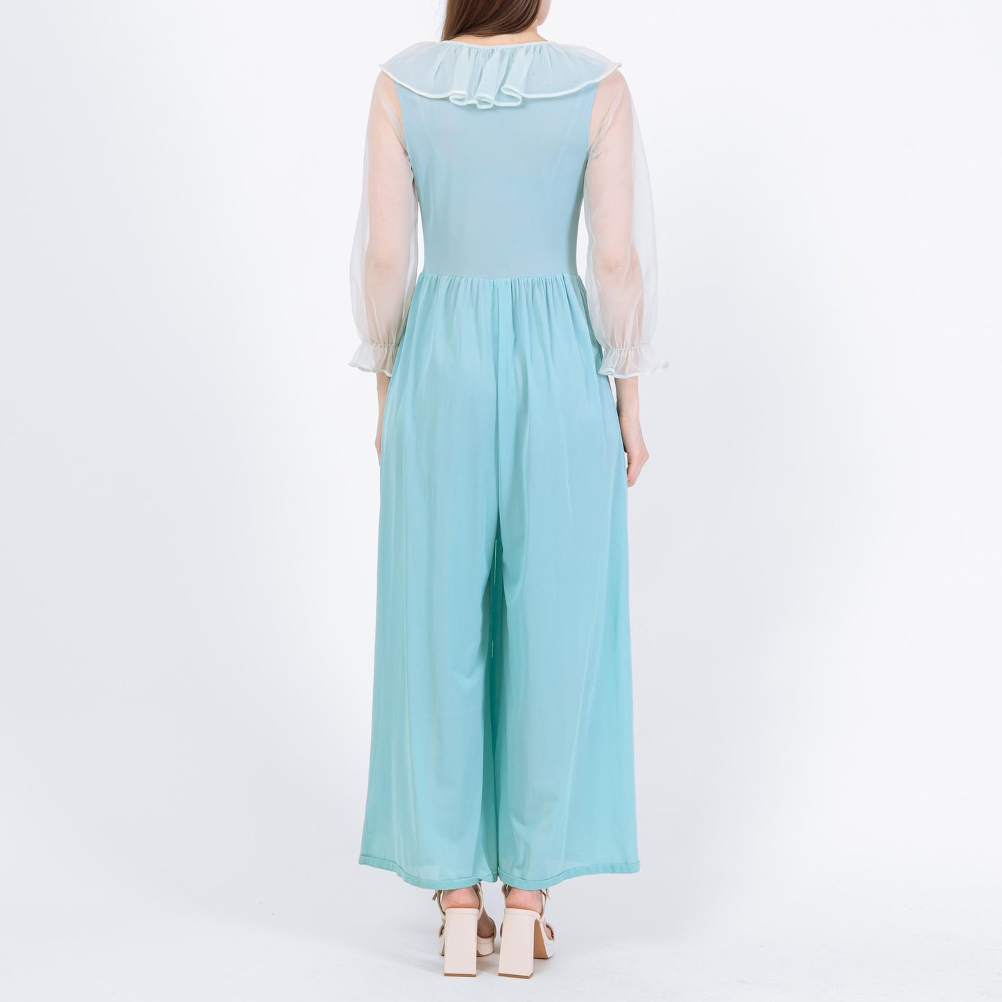 Vintage 70s Blue Sheer Sleeve Lingerie Jumpsuit - Small | Retro Loungewear Pajama One Piece Outfit