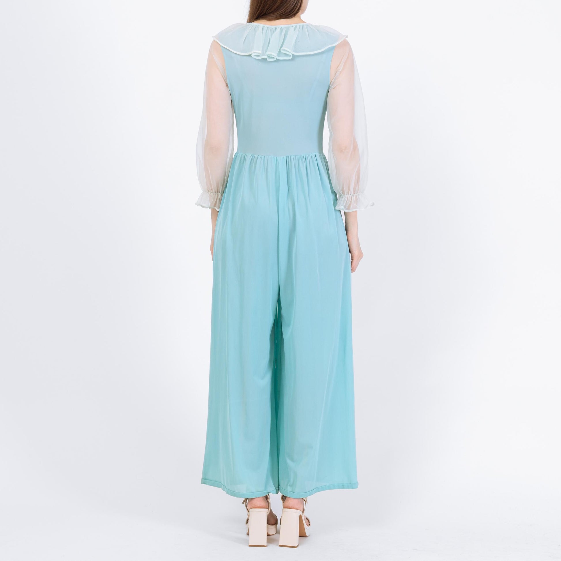 Vintage 70s Blue Sheer Sleeve Lingerie Jumpsuit - Small | Retro Loungewear Pajama One Piece Outfit