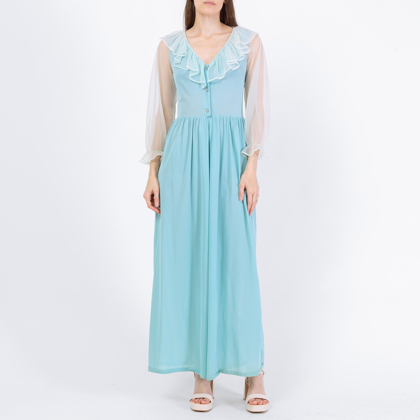 Vintage 70s Blue Sheer Sleeve Lingerie Jumpsuit - Small | Retro Loungewear Pajama One Piece Outfit