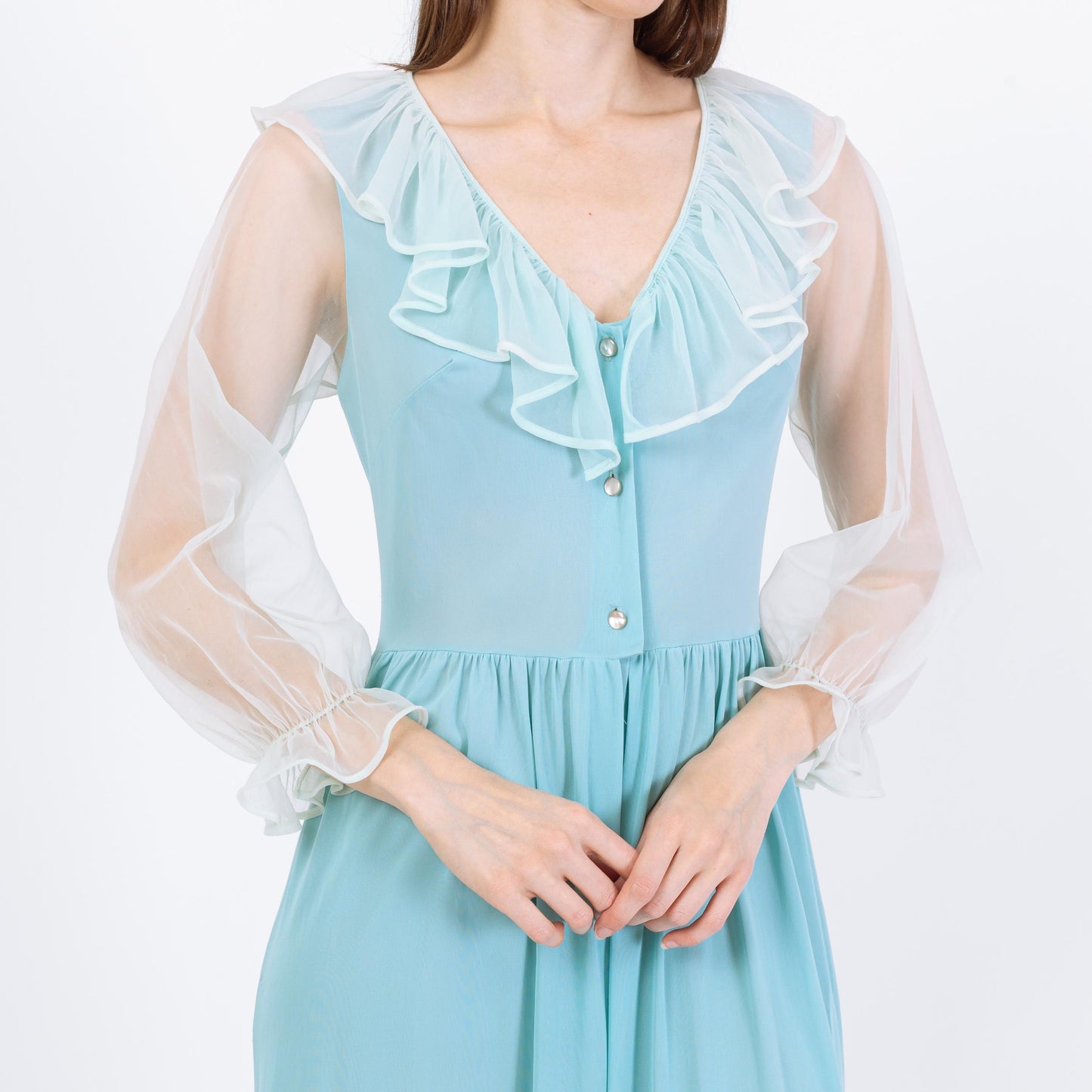 Vintage 70s Blue Sheer Sleeve Lingerie Jumpsuit - Small | Retro Loungewear Pajama One Piece Outfit