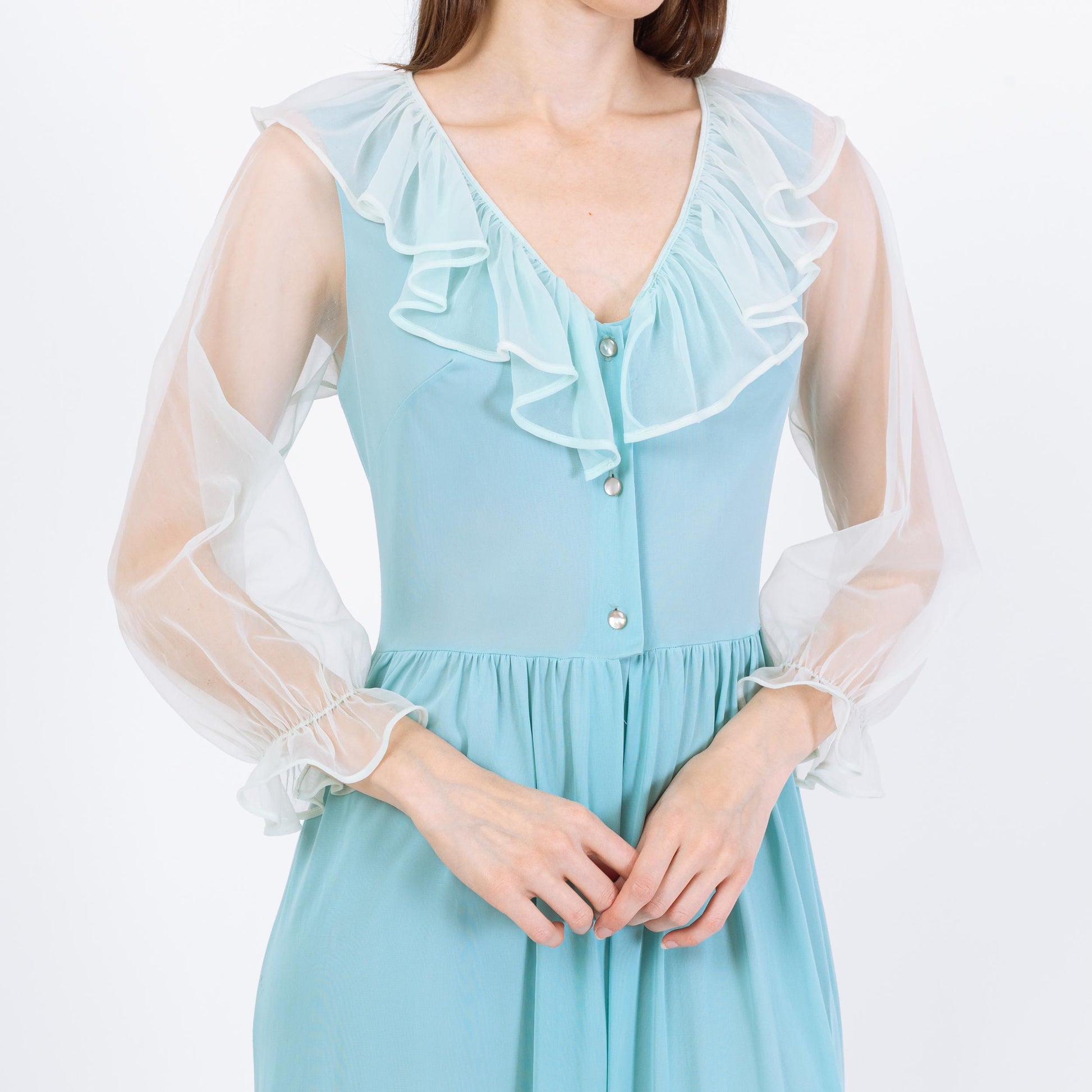 Vintage 70s Blue Sheer Sleeve Lingerie Jumpsuit - Small | Retro Loungewear Pajama One Piece Outfit