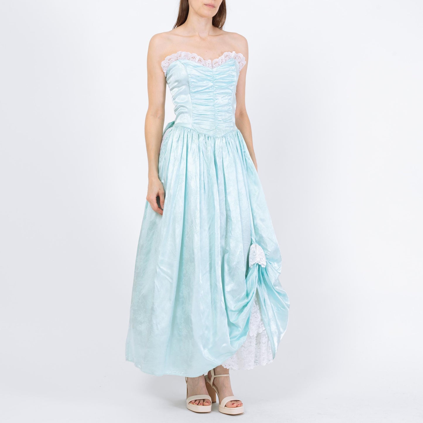 Vintage 80s Gunne Sax Blue Satin Princess Gown - Medium | Strapless Tulle Ballgown Formal Maxi Dress