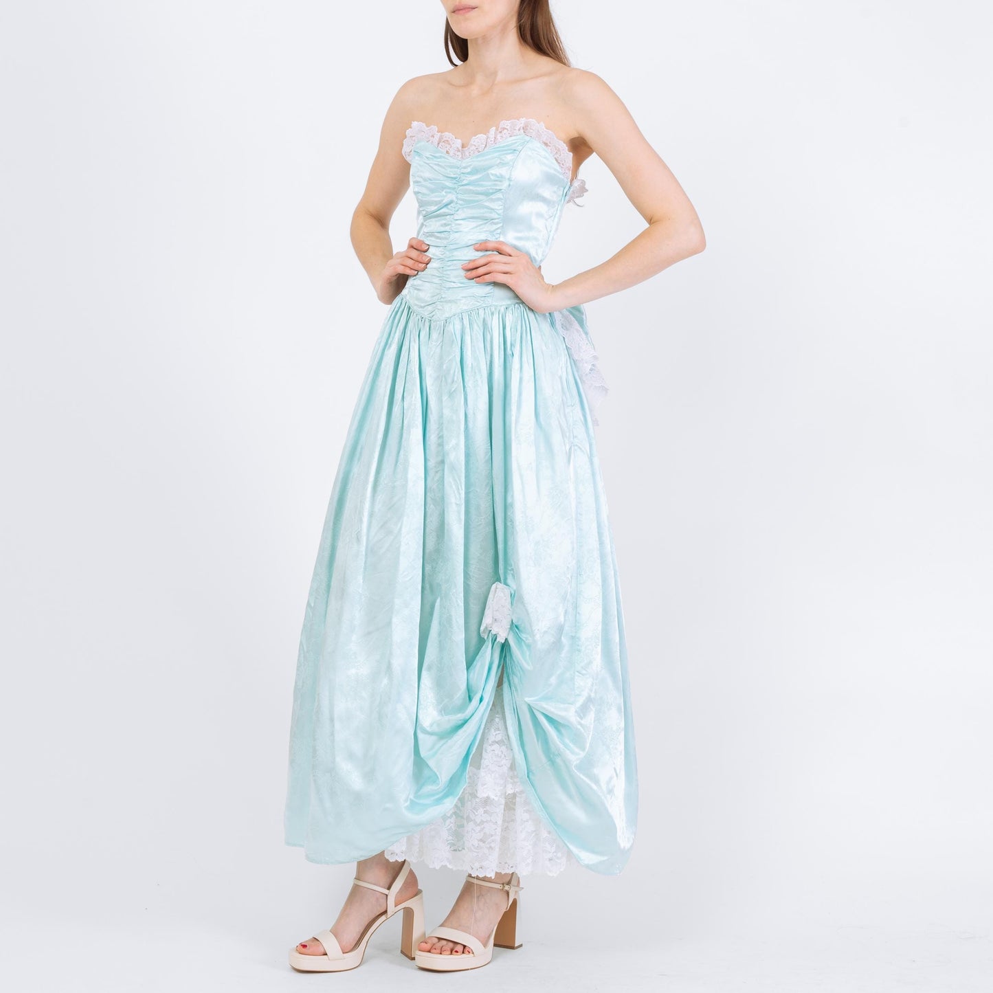 Vintage 80s Gunne Sax Blue Satin Princess Gown - Medium | Strapless Tulle Ballgown Formal Maxi Dress