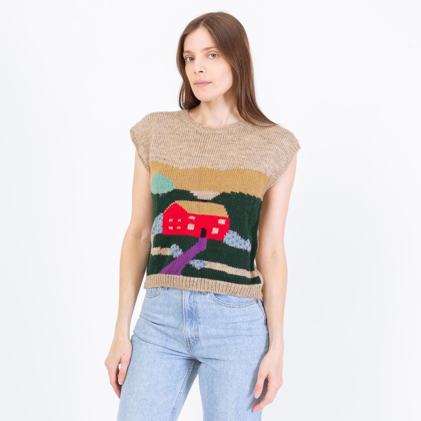 Vintage 80s Cottage Scene Sweater Vest - Medium | Cap Sleeve Novelty Knit Top