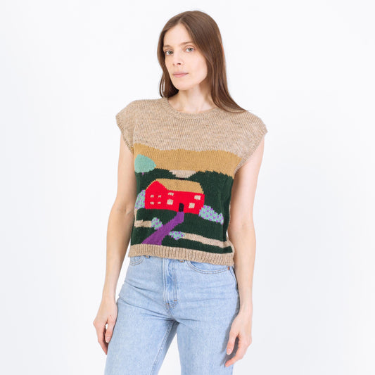 Vintage 80s Cottage Scene Sweater Vest - Medium | Cap Sleeve Novelty Knit Top