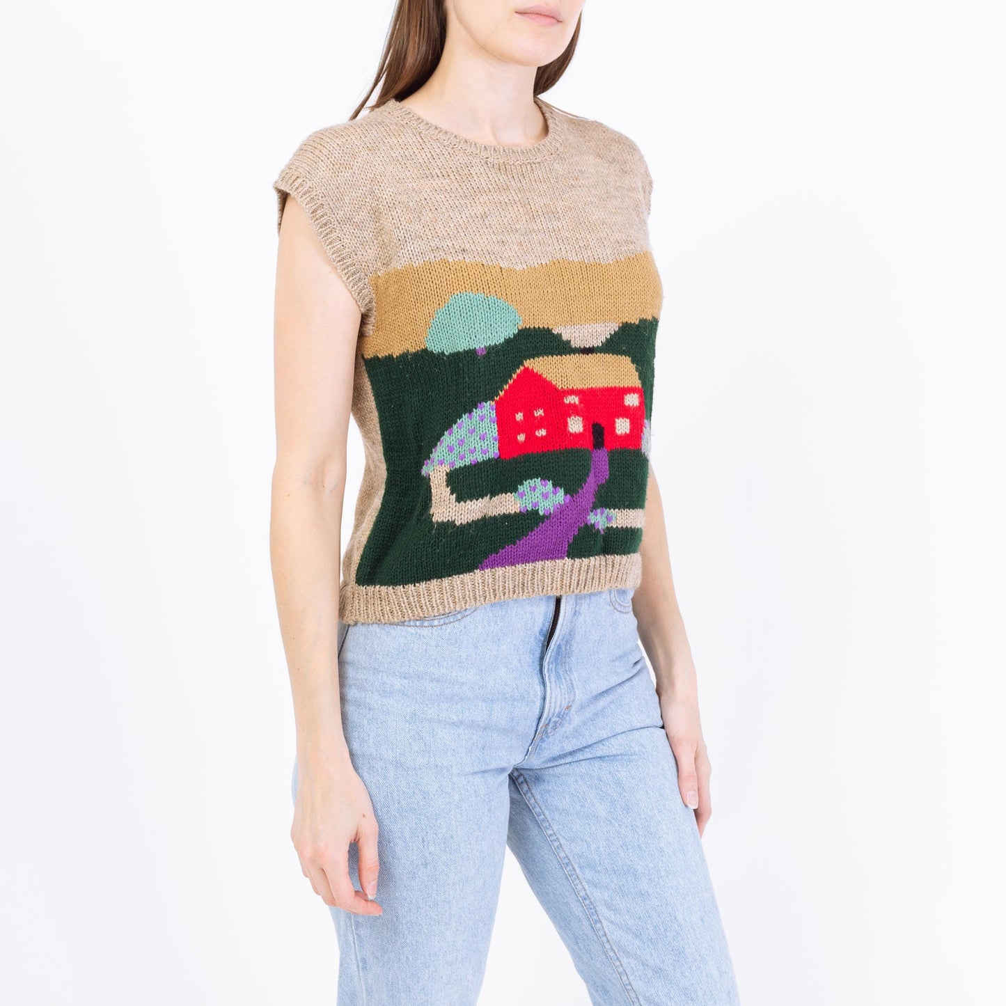 Vintage 80s Cottage Scene Sweater Vest - Medium | Cap Sleeve Novelty Knit Top