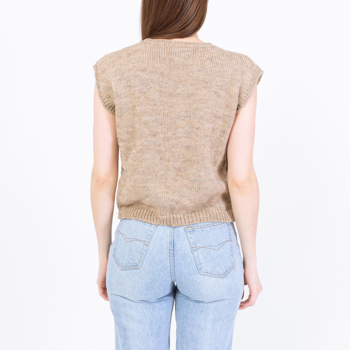 Vintage 80s Cottage Scene Sweater Vest - Medium | Cap Sleeve Novelty Knit Top