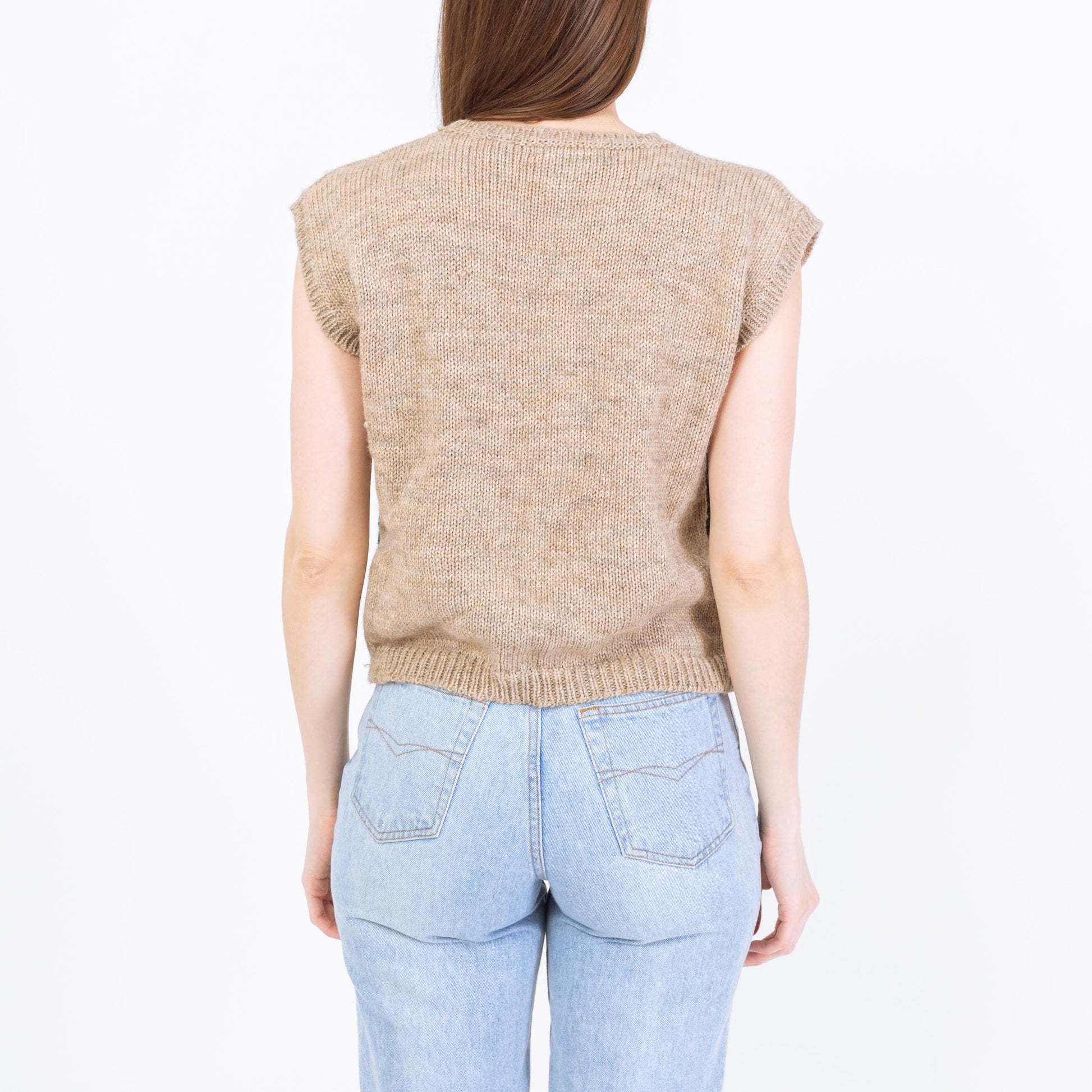Vintage 80s Cottage Scene Sweater Vest - Medium | Cap Sleeve Novelty Knit Top