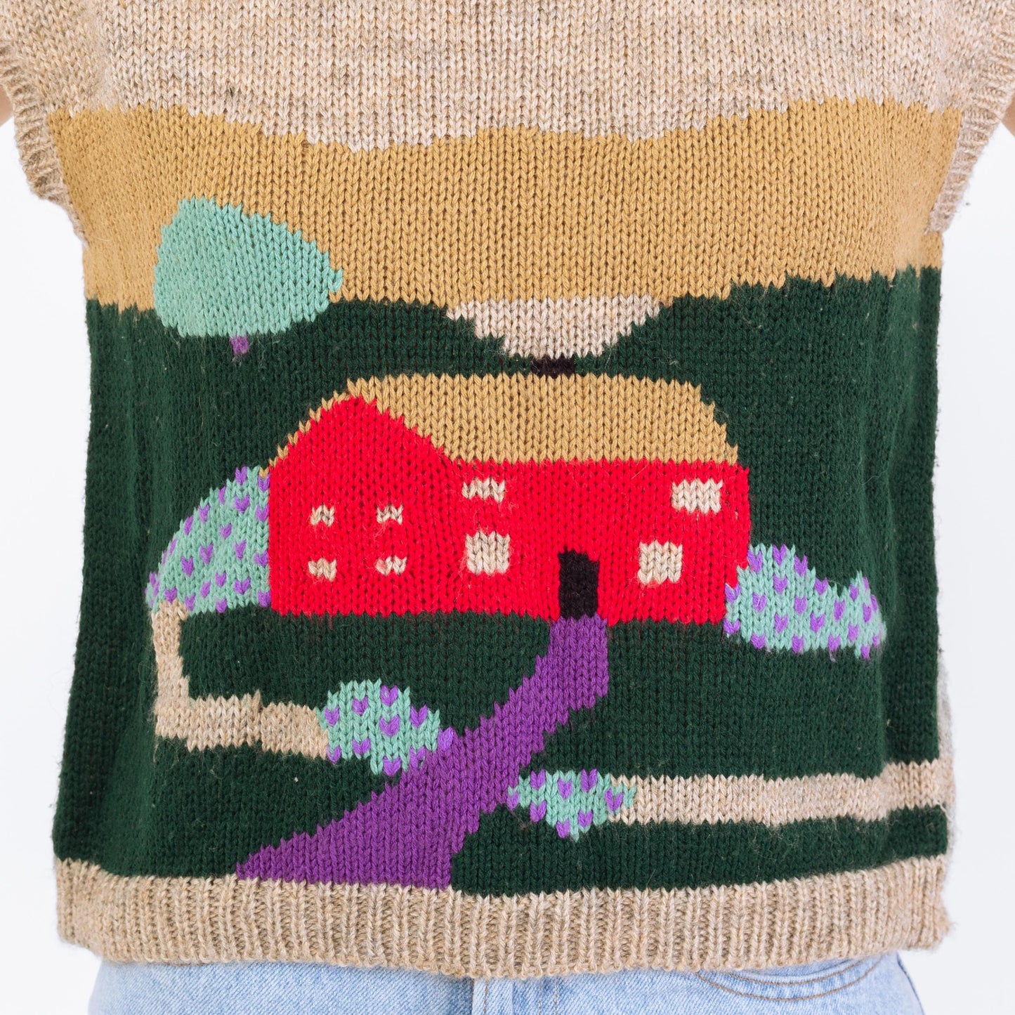 Vintage 80s Cottage Scene Sweater Vest - Medium | Cap Sleeve Novelty Knit Top