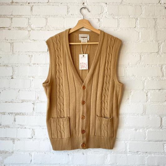 Vintage 70s Cable Knit Sweater Vest - Medium to Large | Unisex Tan Sleeveless Top