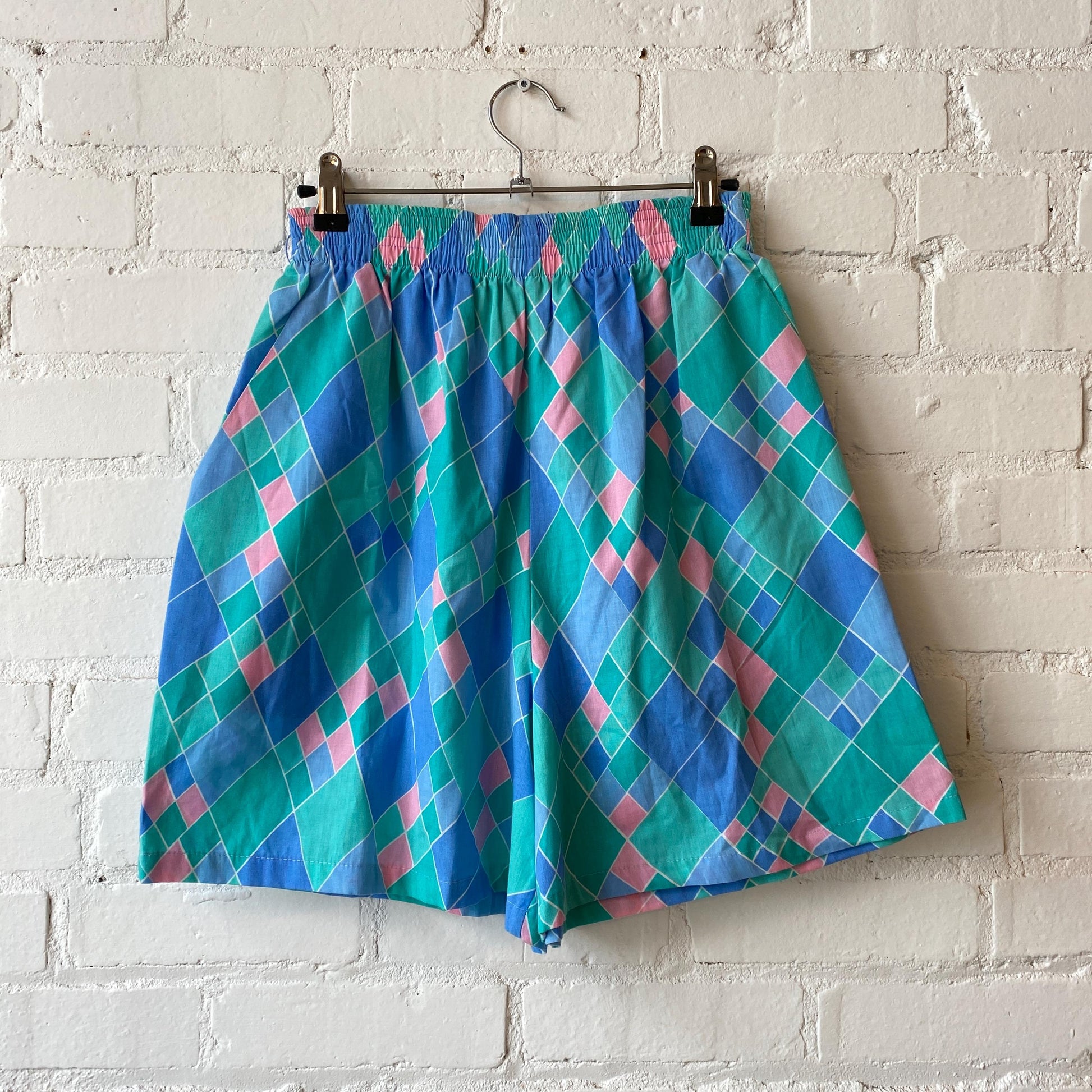 Vintage 80s Diamond Print Lounge Shorts - Medium | High Waisted Casual Elastic Shorts