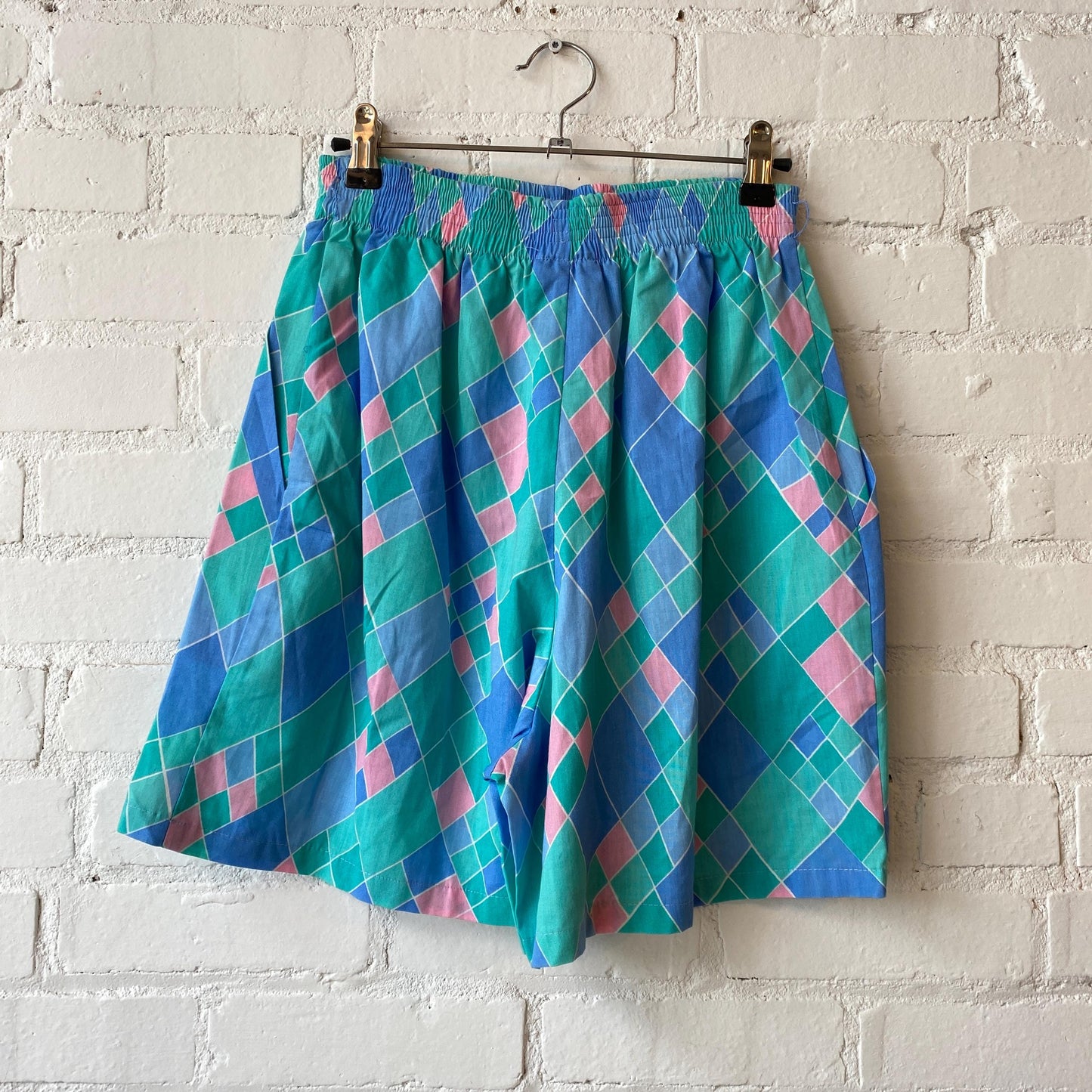 Vintage 80s Diamond Print Lounge Shorts - Medium | High Waisted Casual Elastic Shorts