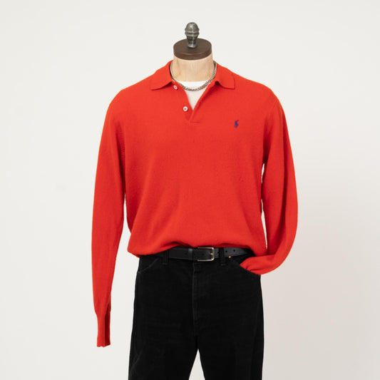 Vintage 90s Ralph Lauren Tomato Red Lambswool Sweater - Extra Large | Soft Henley Pullover Grandpa Sweater