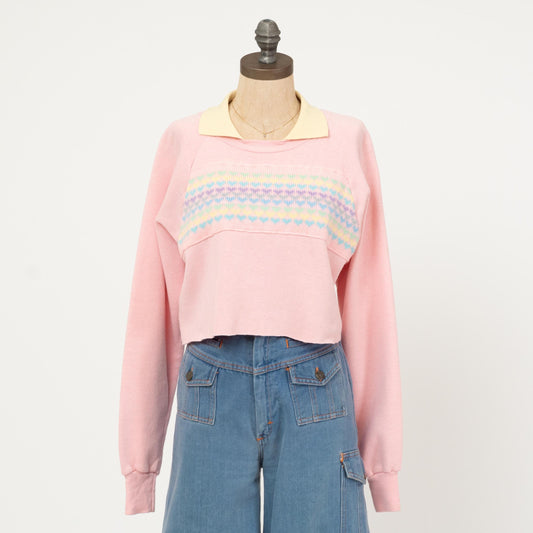 Vintage 90s Pink Heart Cross-Stitch Cropped Sweatshirt - Large to XL | Collared Pullover Crop Top