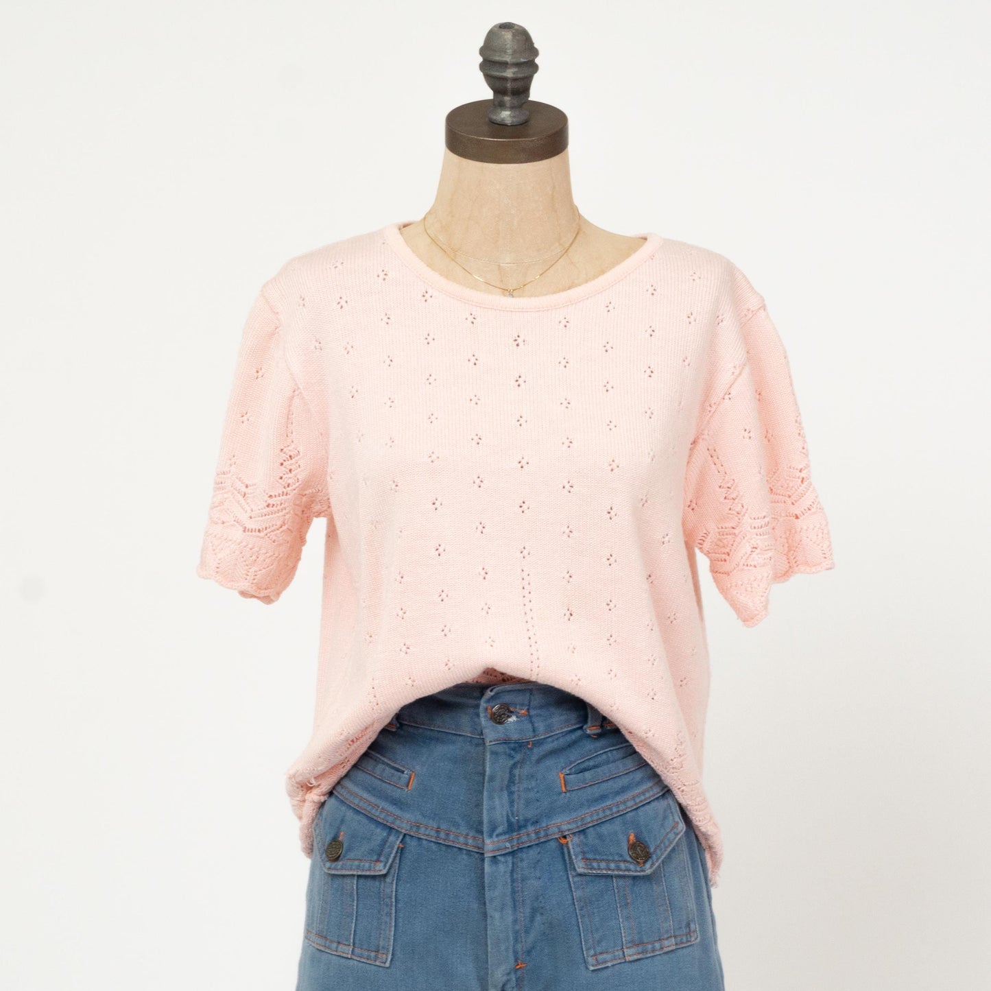 Vintage 80s Baby Pink Eyelet Knit Top - Medium | Retro Short Sleeve Sweater
