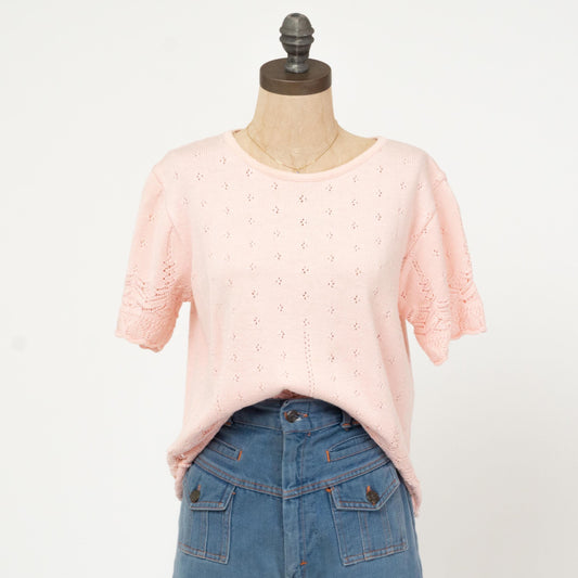 Vintage 80s Baby Pink Eyelet Knit Top - Medium | Retro Short Sleeve Sweater