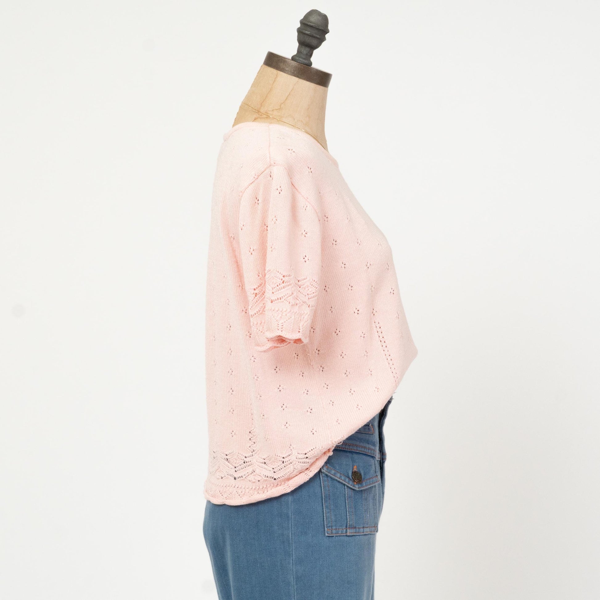 Vintage 80s Baby Pink Eyelet Knit Top - Medium | Retro Short Sleeve Sweater