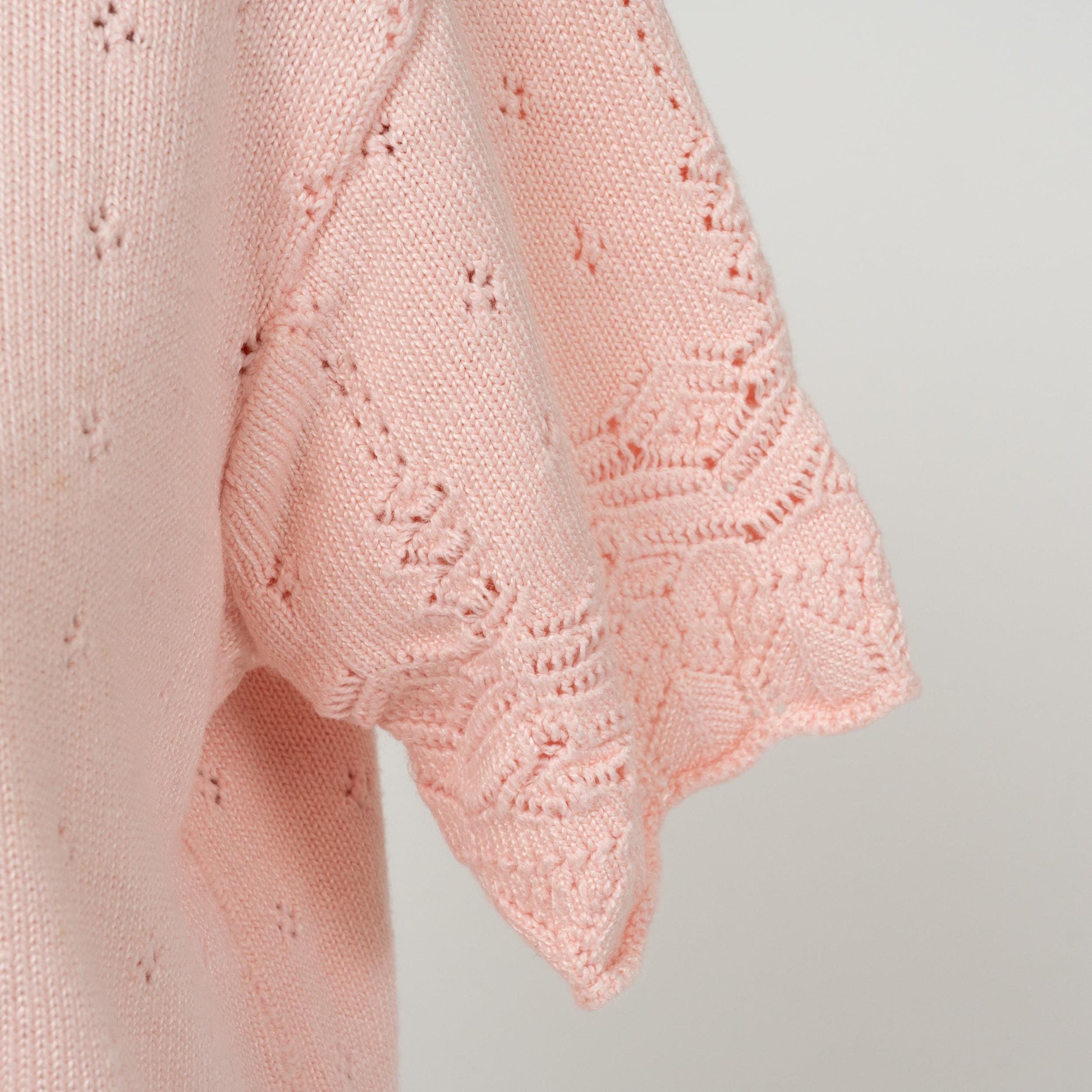 Vintage 80s Baby Pink Eyelet Knit Top - Medium | Retro Short Sleeve Sweater
