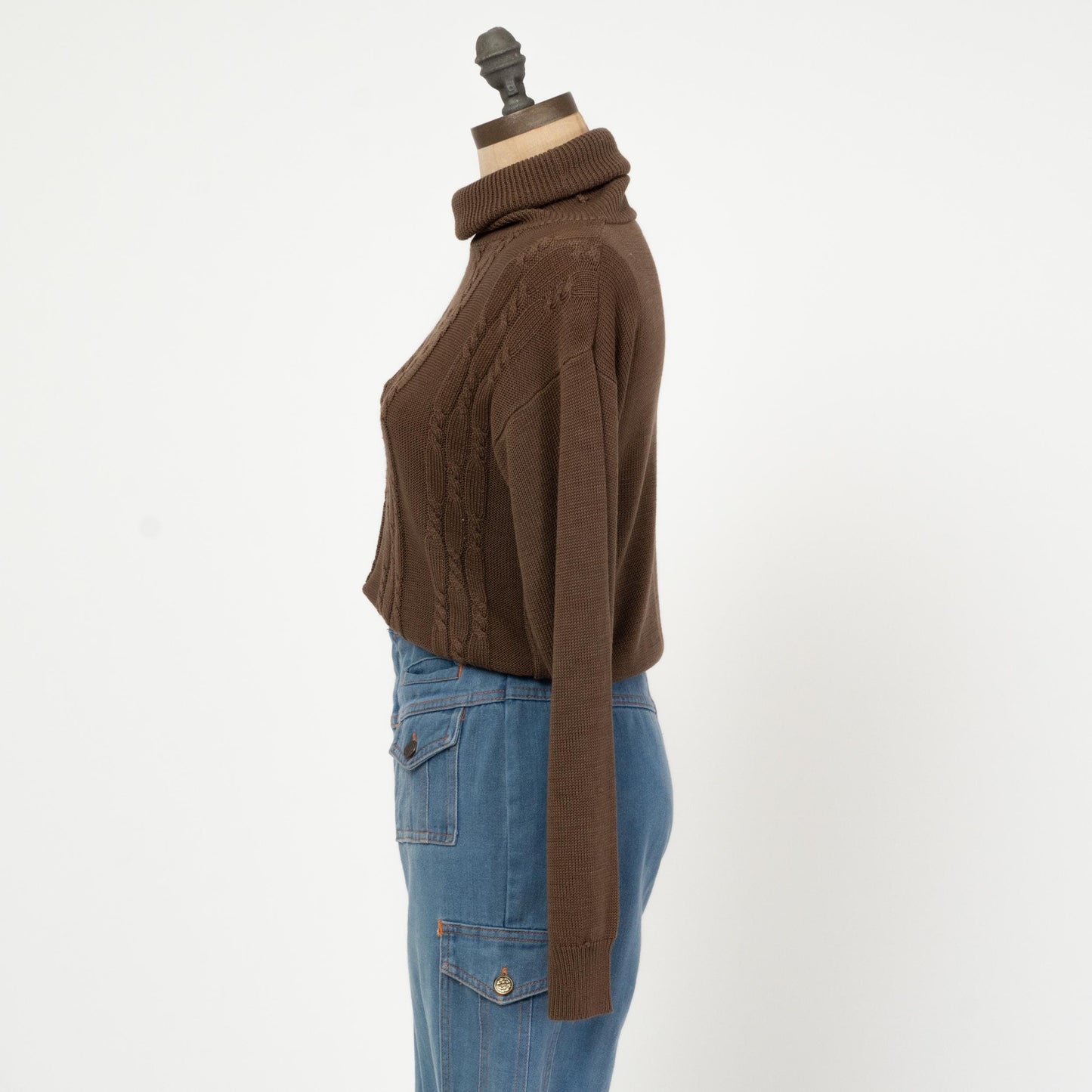 Vintage 80s Brown Cable Knit Turtleneck Sweater - Medium | Cropped Lightweight Pullover