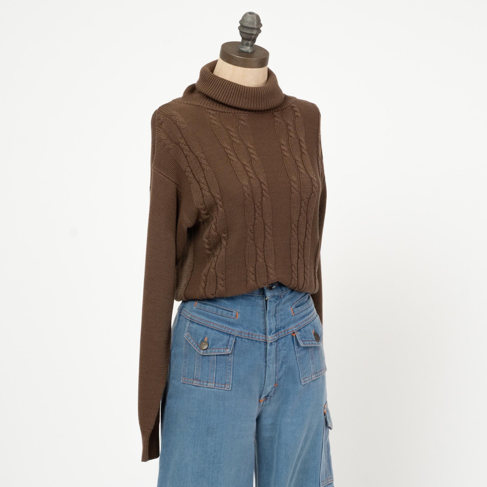 Vintage 80s Brown Cable Knit Turtleneck Sweater - Medium | Cropped Lightweight Pullover
