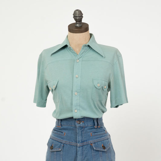 Vintage 70s Mint Green Dagger Collar Shirt - XS to Small | Retro Short Sleeve Collared Top