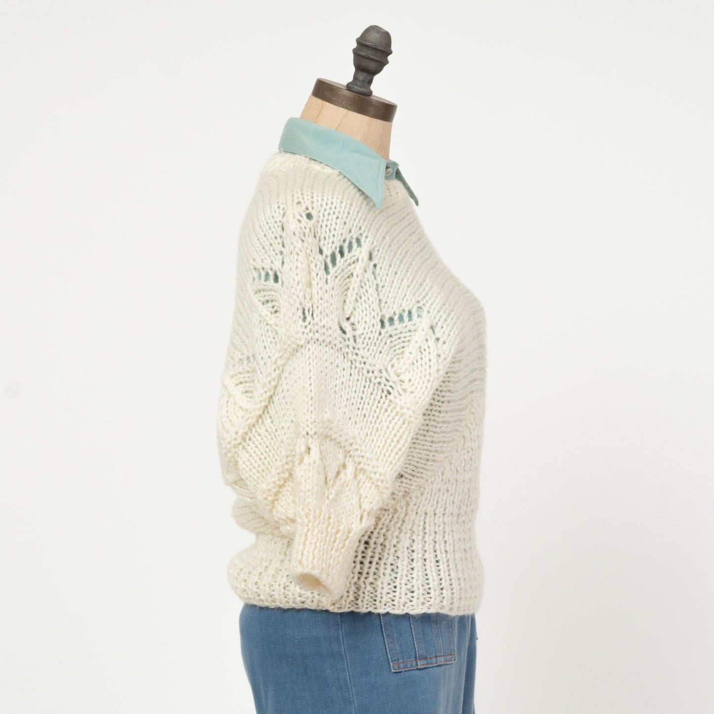Vintage 80s Ivory Dolman Sleeve Sweater - Medium to Large | Half Sleeve Open Knit Pullover