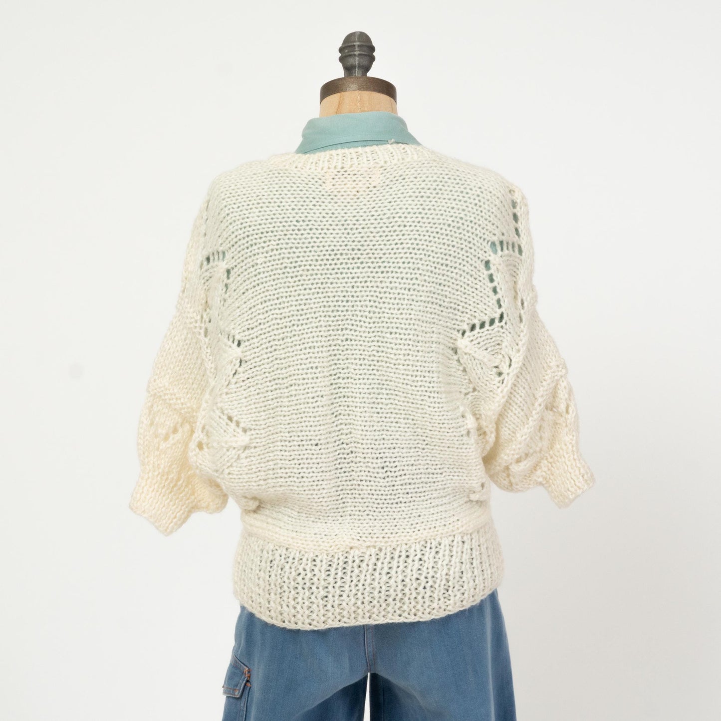 Vintage 80s Ivory Dolman Sleeve Sweater - Medium to Large | Half Sleeve Open Knit Pullover